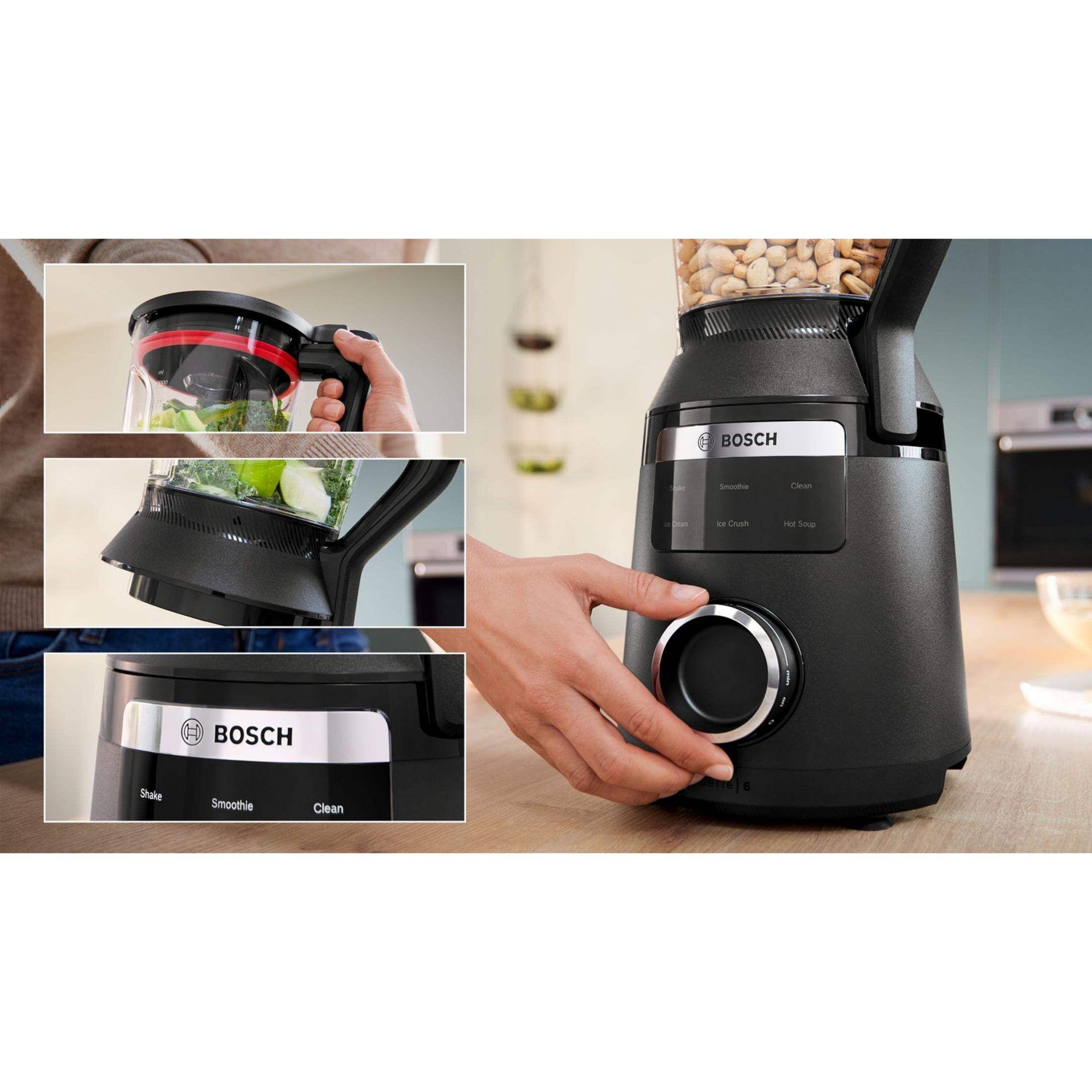 Czarny blender Bosch z różnymi ustawieniami i składnikami.