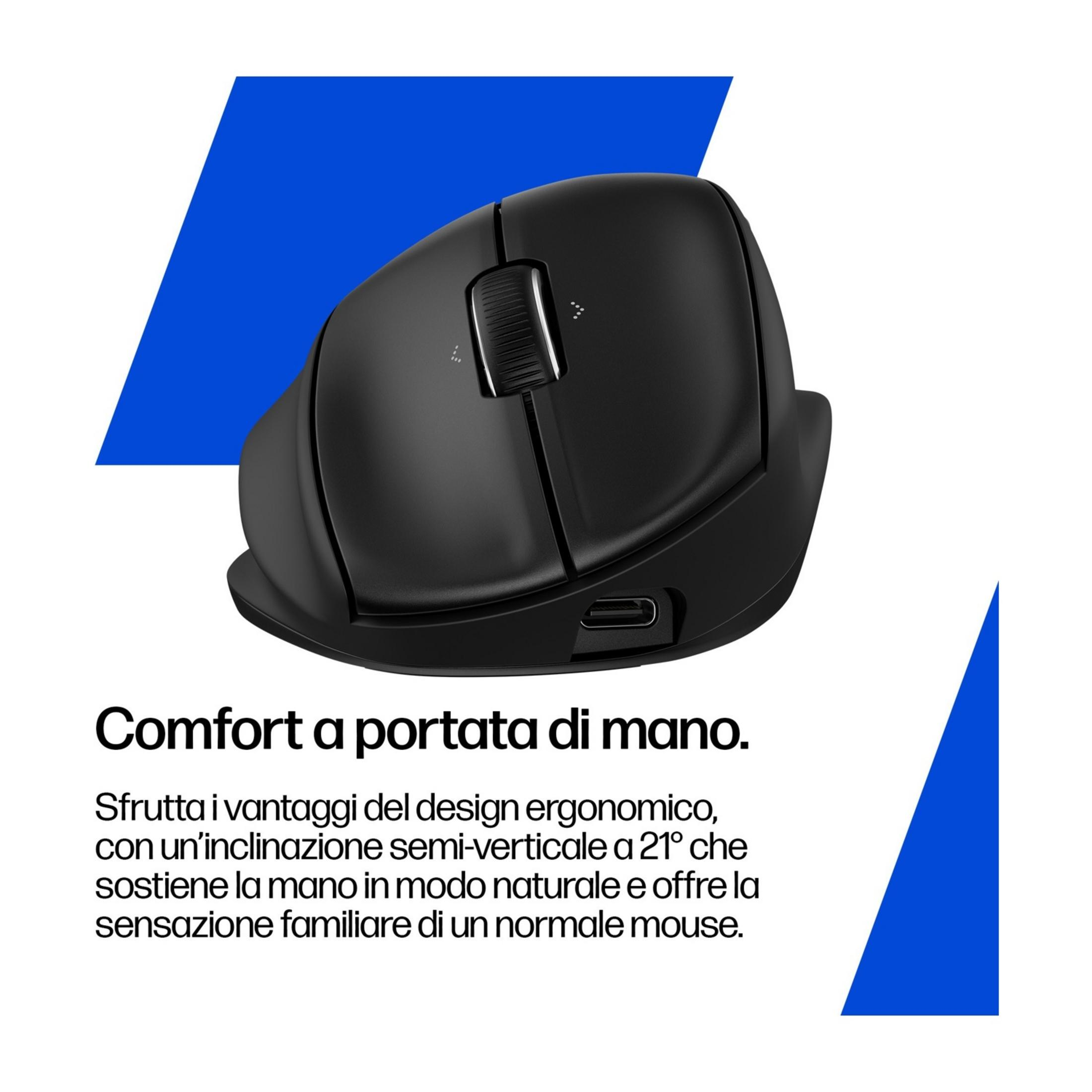 Czarna ergonomiczna mysz z kółkiem przewijania i portem USB-C na białym tle.