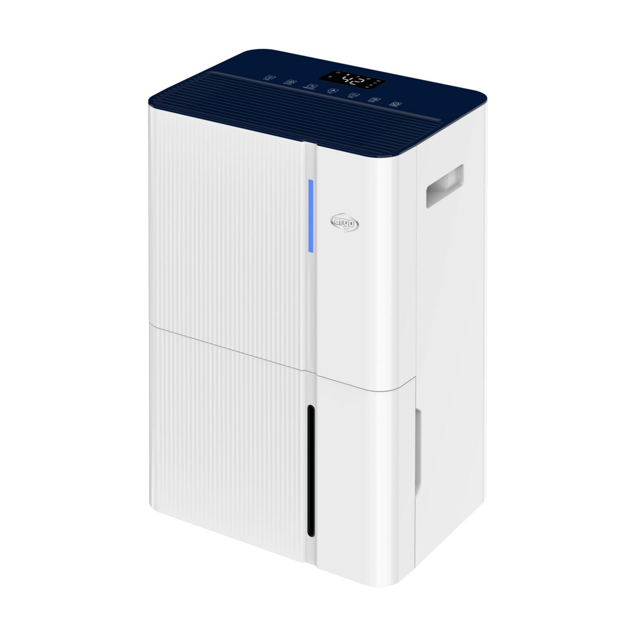 Un deumidificatore bianco con coperchio blu e display digitale.