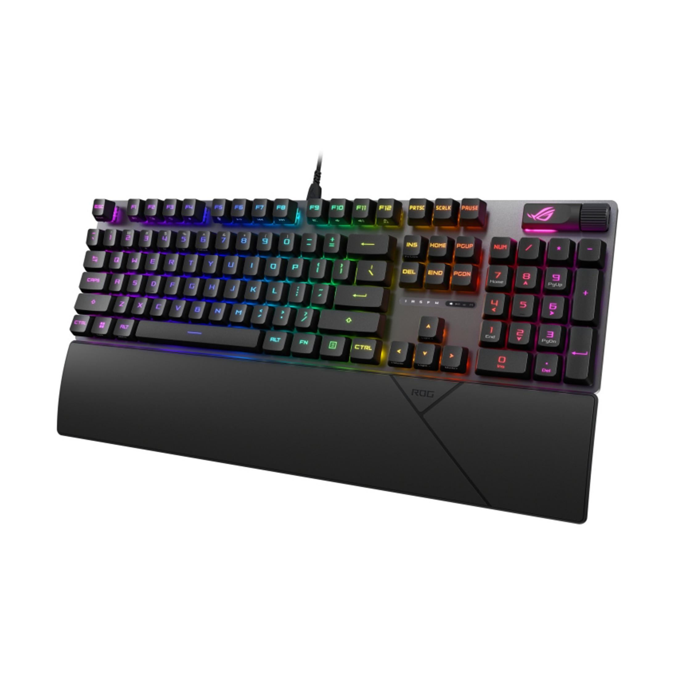 Tastiera nera con illuminazione RGB e poggiapolsi, su sfondo bianco.