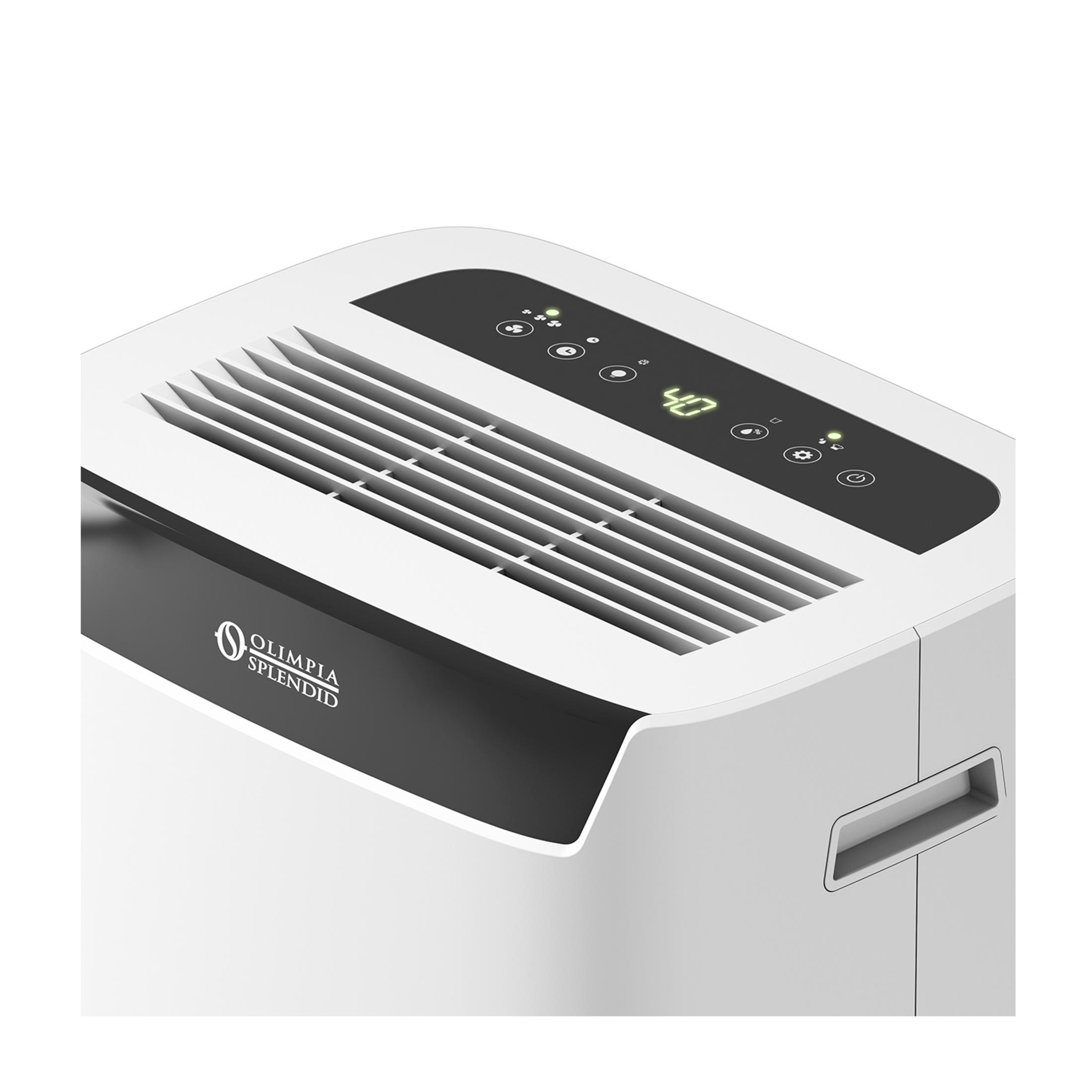 Biały osuszacz powietrza z czarnym panelem sterowania i cyfrowym wyświetlaczem.