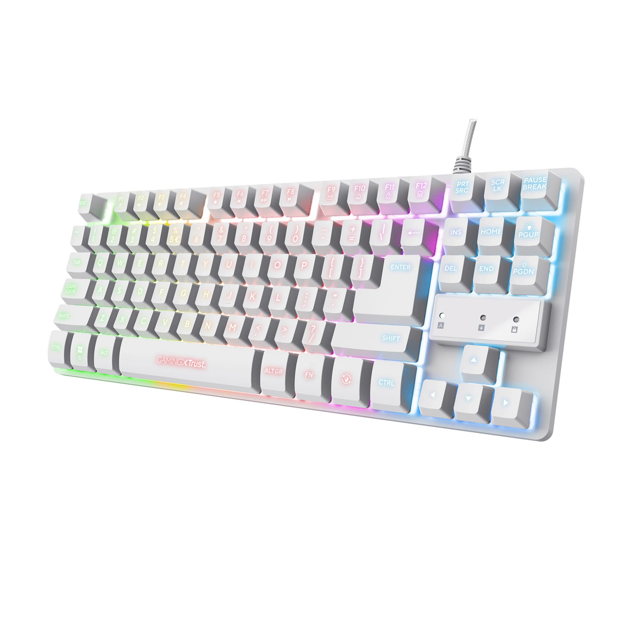 Biała klawiatura z oświetleniem RGB i kolorowymi klawiszami.