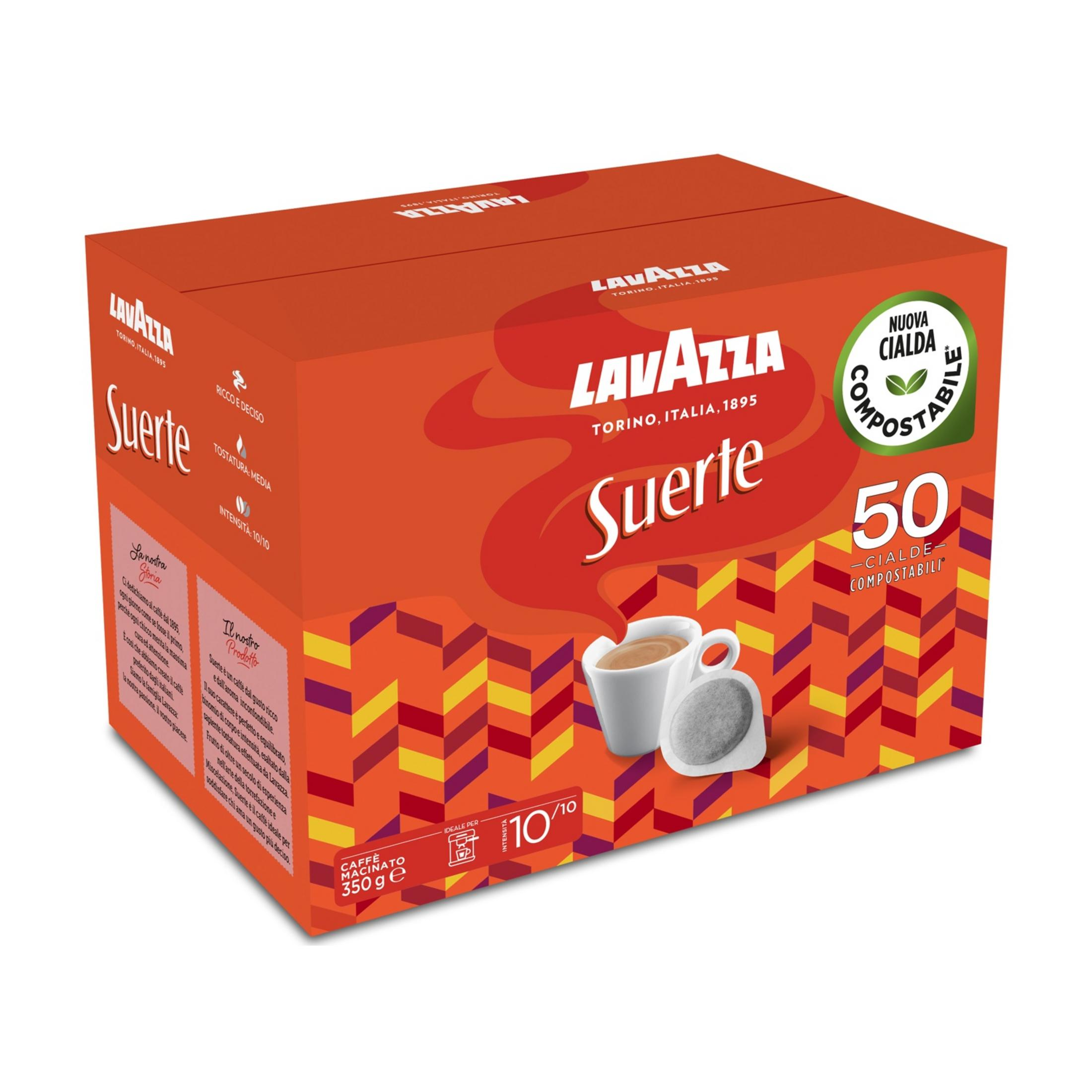 Caffè Lavazza Suerte: Scatola arancione con 50 cialde compostabili, illustrazione tazza.