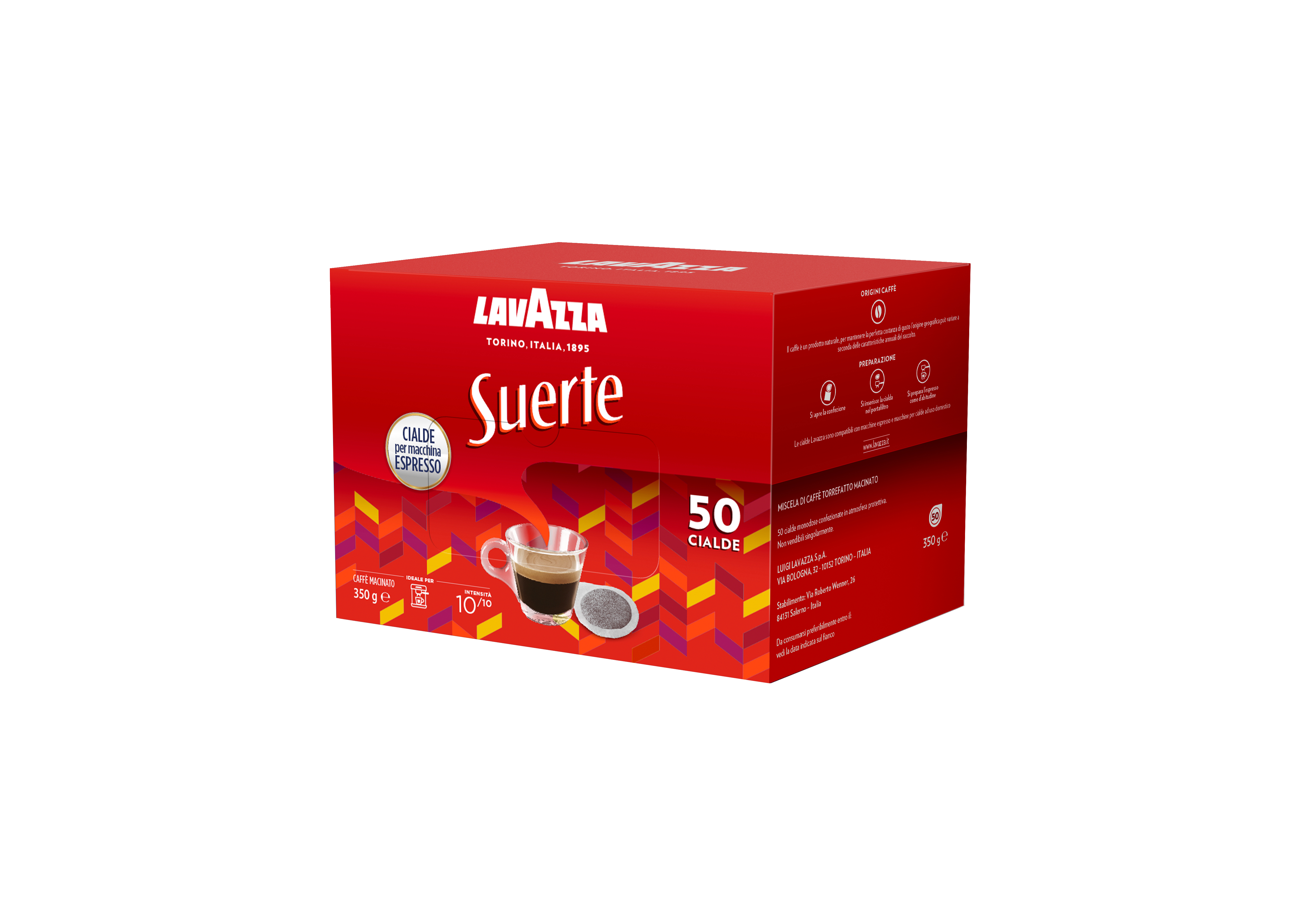 Cialde Lavazza Suerte: 50 cialde, 350g. Con tazzina espresso con caffè e cialda.