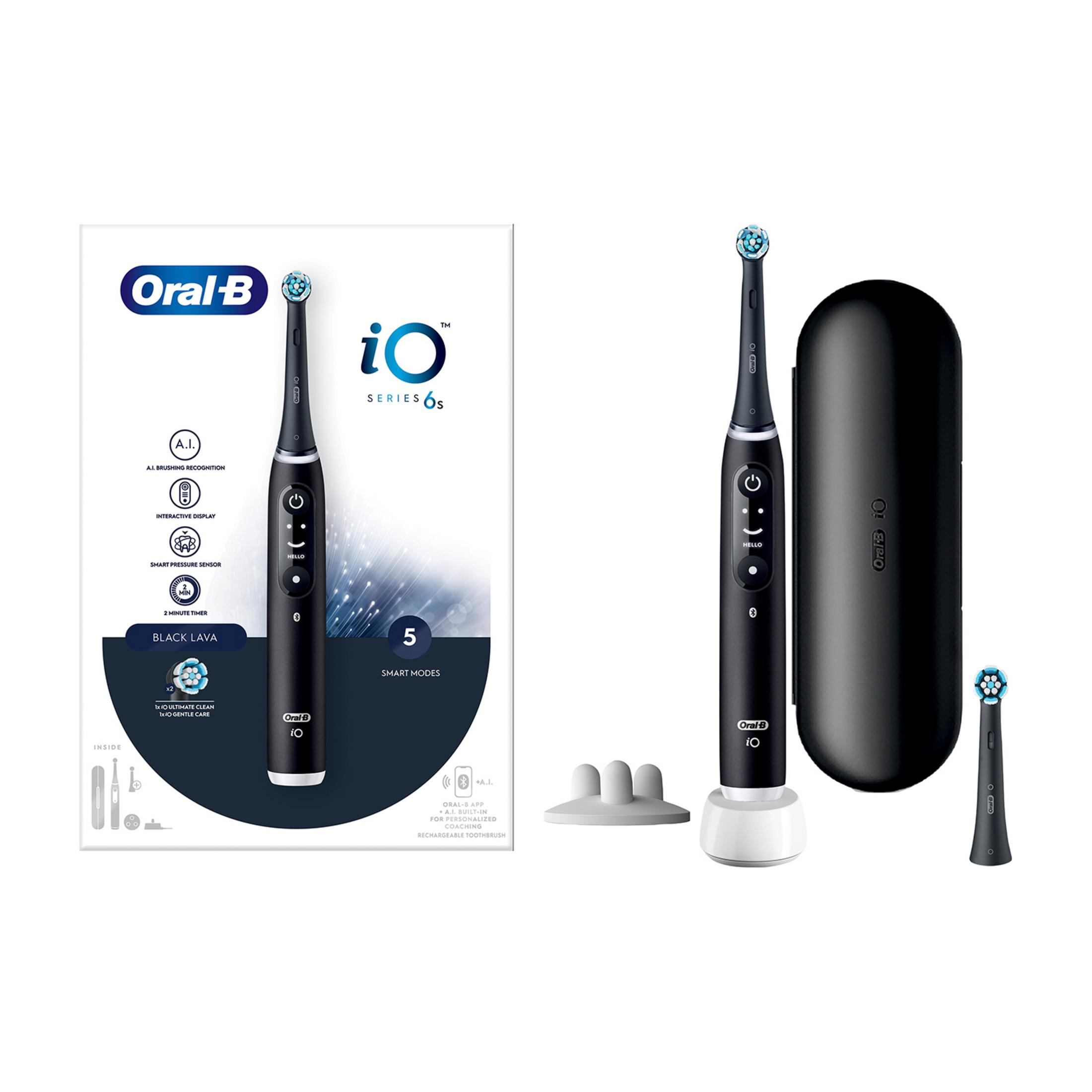 Czarny zestaw elektrycznej szczoteczki do zębów Oral-B iO Series 6S z etui ładującym.