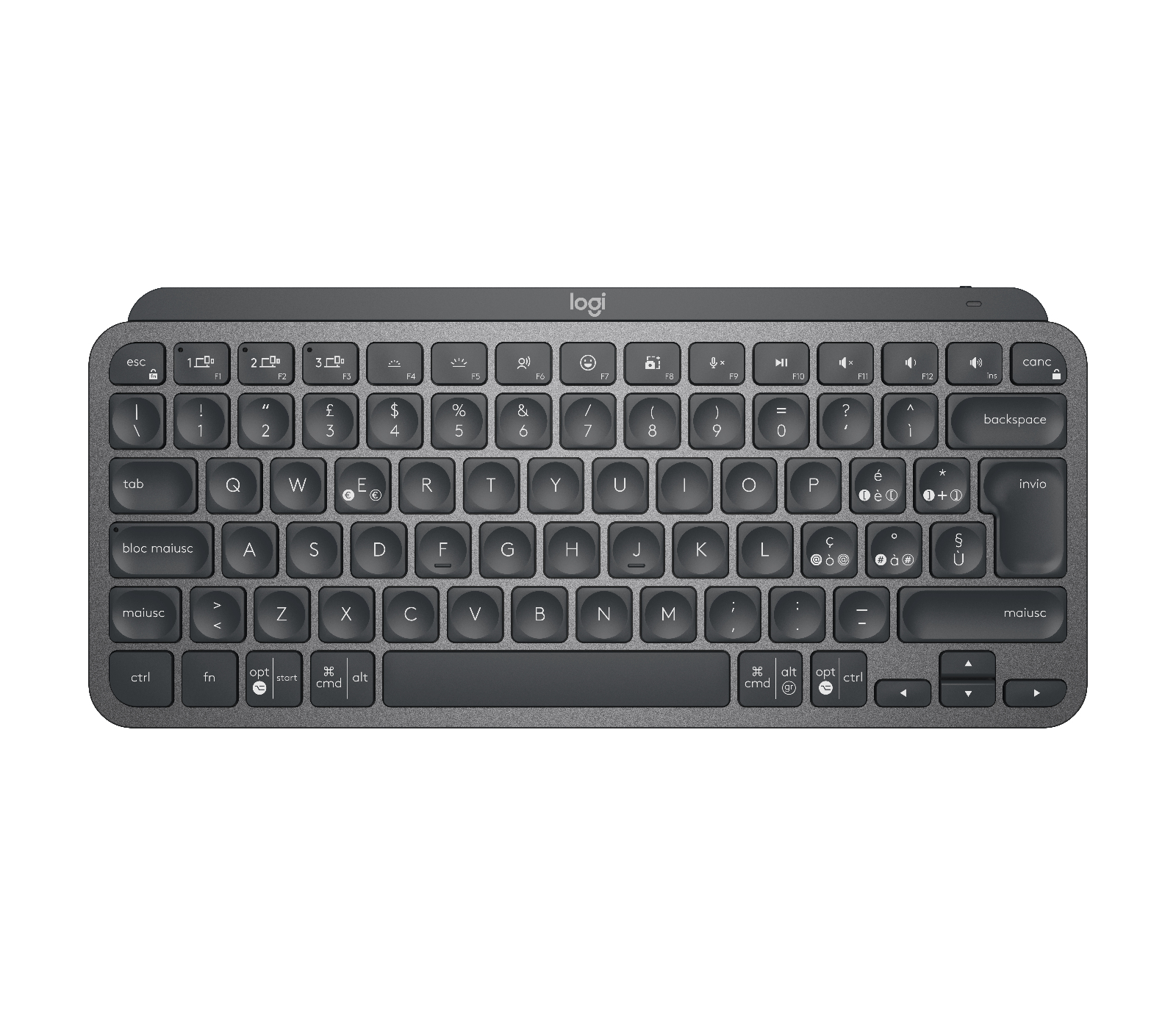 Eine dunkle Logitech-Tastatur mit beleuchteten Tasten und einem Metallrahmen.