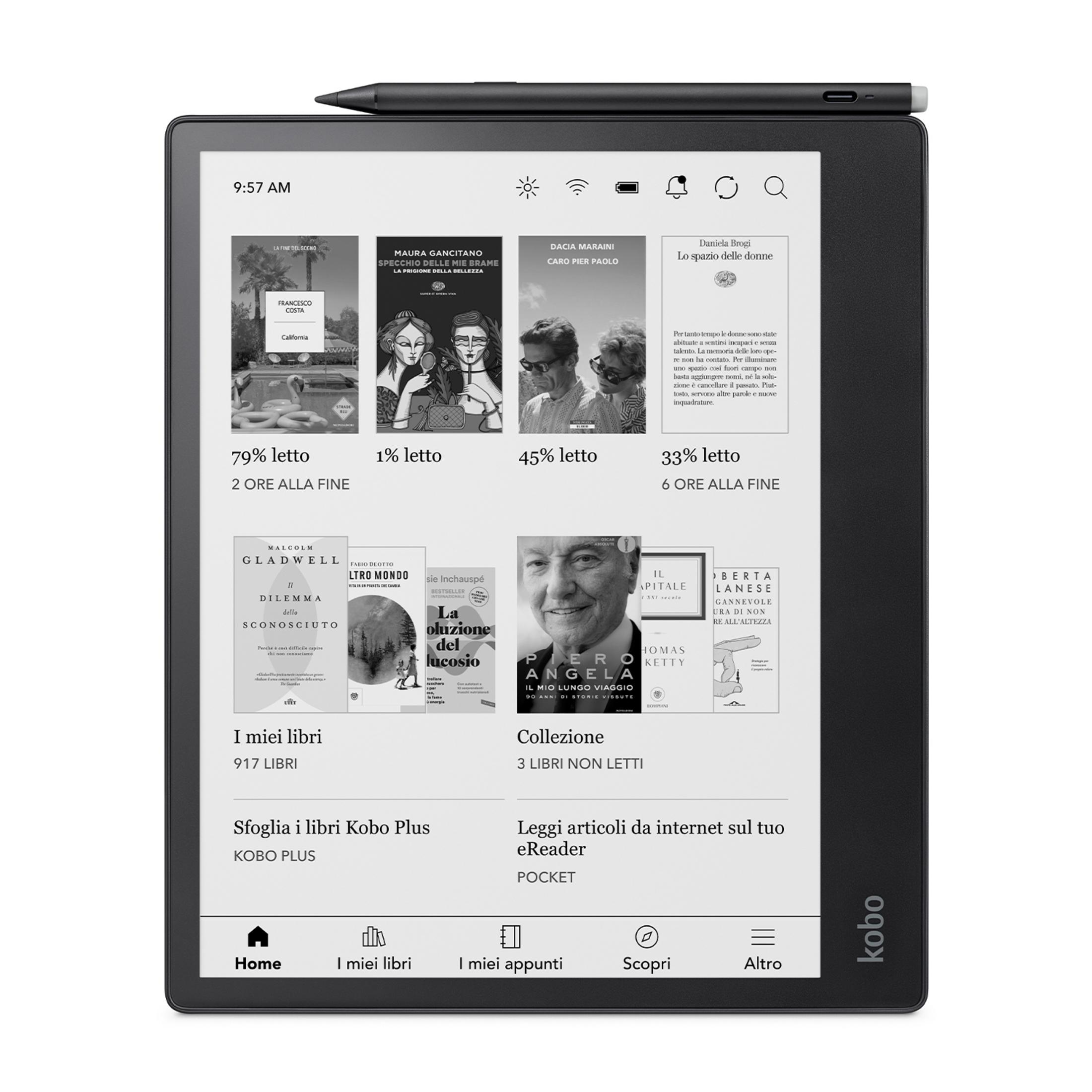 Czytnik e-booków wyświetla okładki i tekst. Na górze ikony jasności, Wi-Fi i baterii.