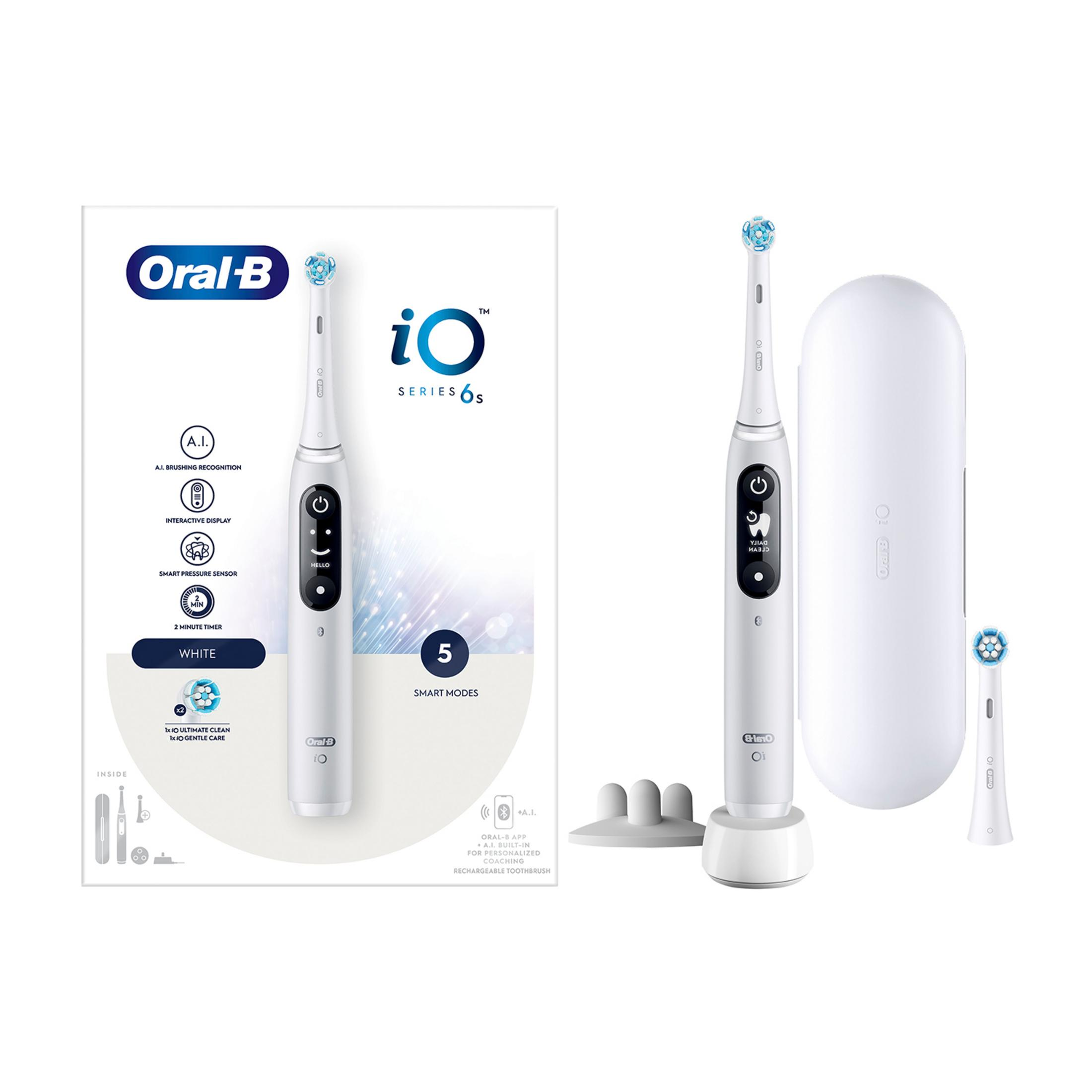 Oral-B iO Series 6S toothbrush with charging base, travel case, and brush heads.