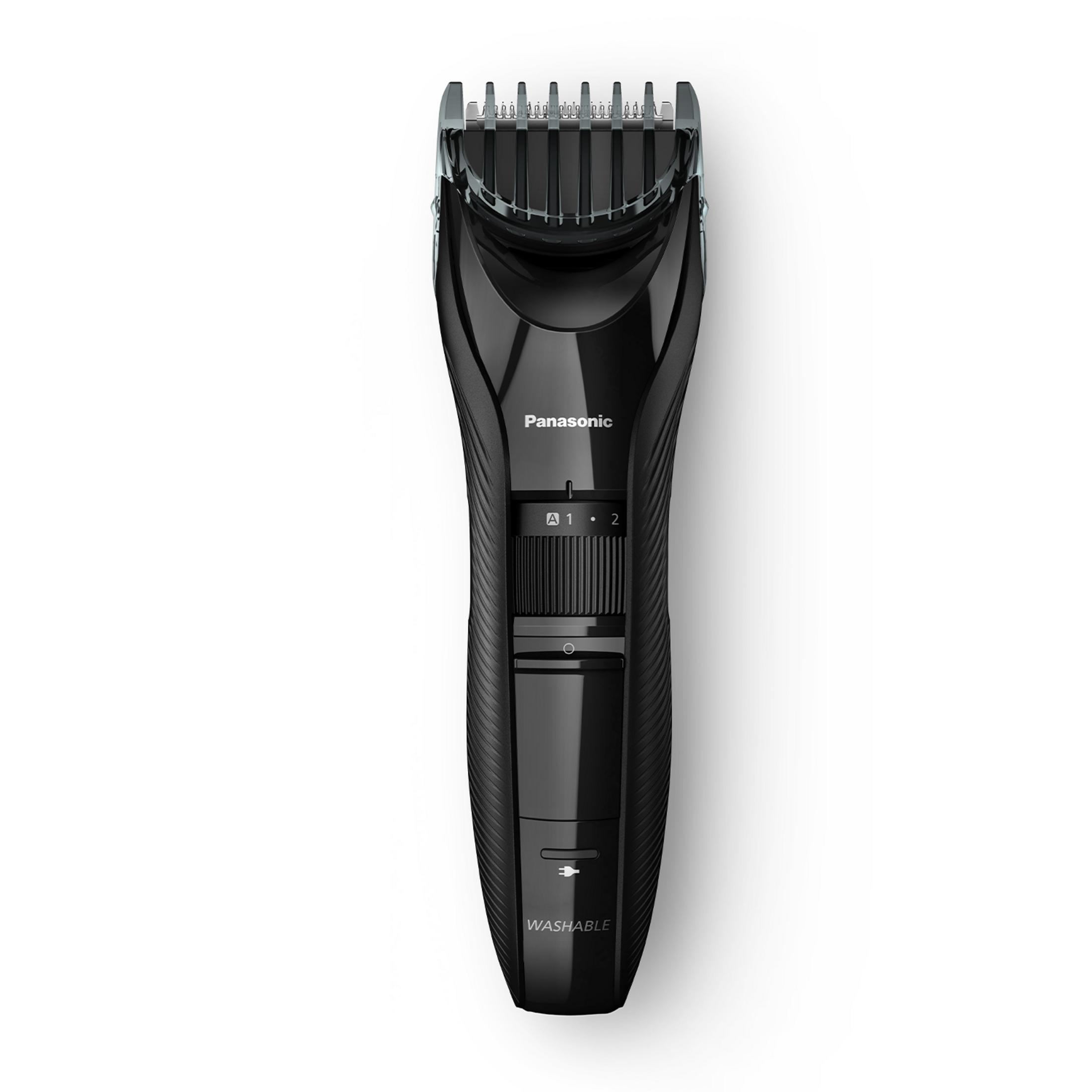 Schwarzer Panasonic Trimmer mit Aufsatz und Einstellrad. Waschbar.