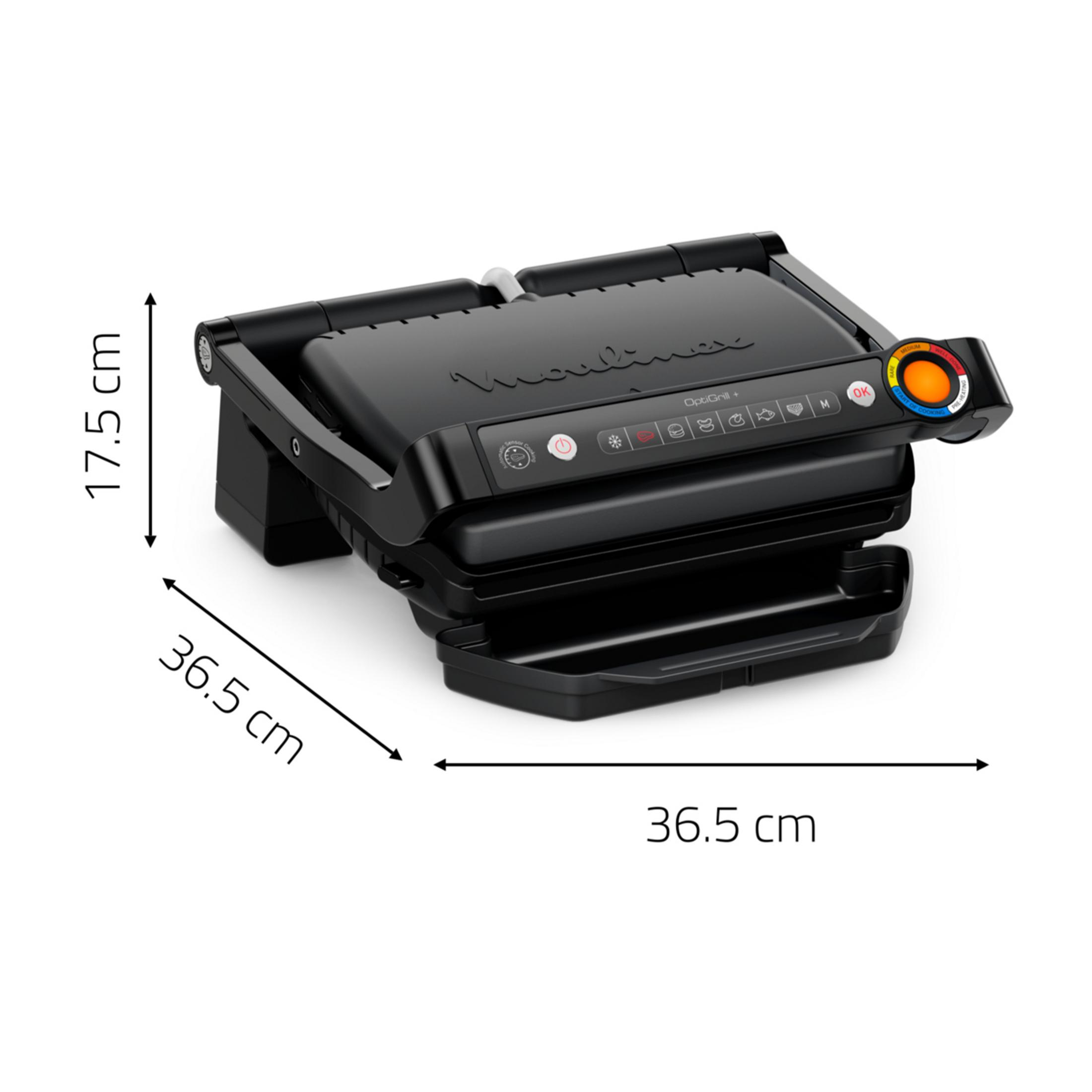 Una parrilla eléctrica negra de 36,5x17,5x36,5 cm, con programas de cocción.