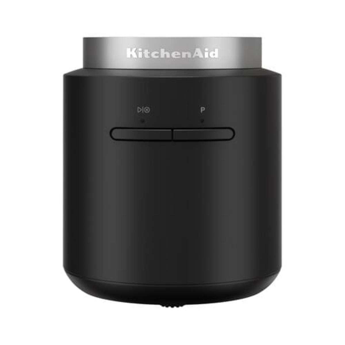 Czarny młynek do mięsa KitchenAid z srebrną pokrywą i przyciskami.