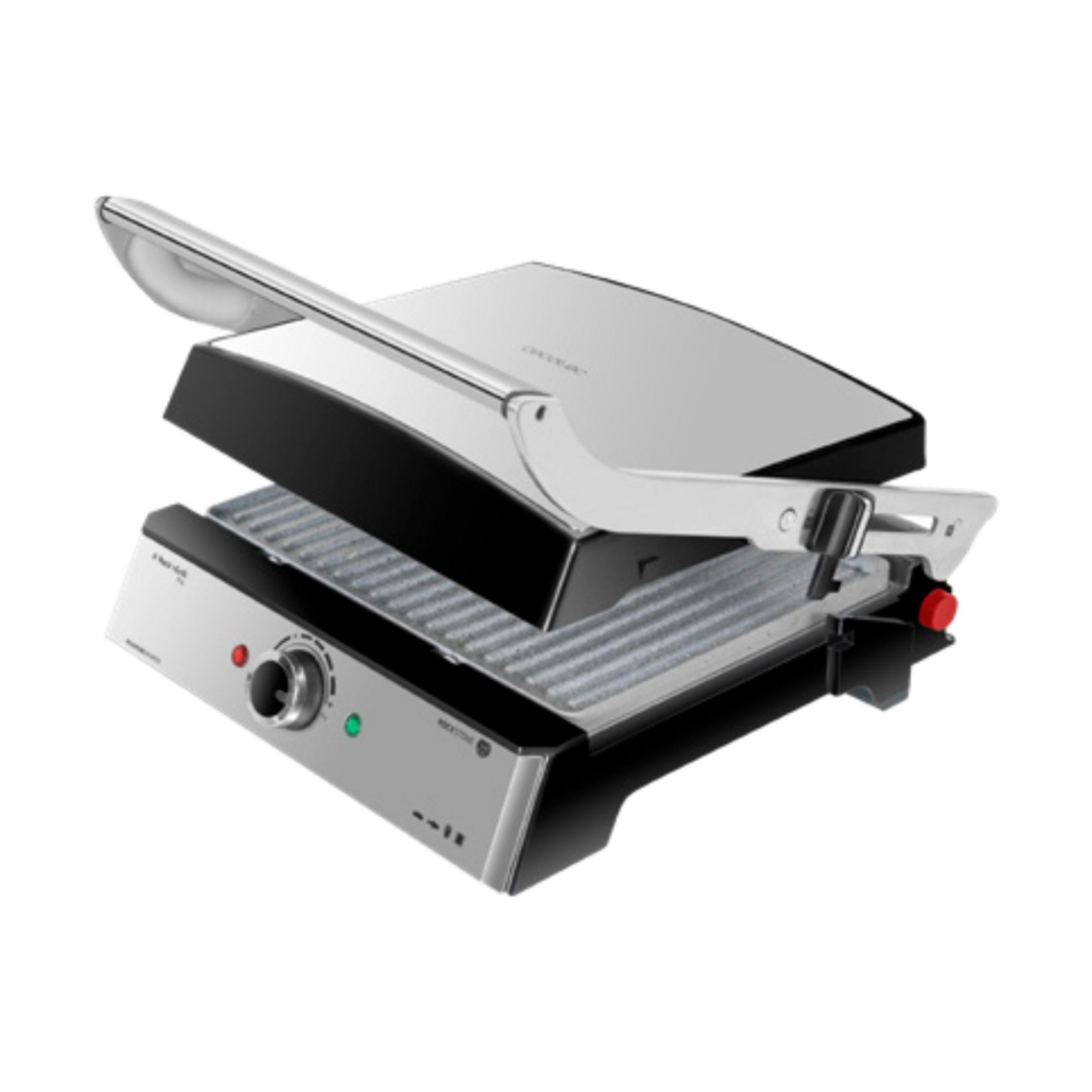 Srebrny grill kontaktowy z czarnym korpusem, otwartą pokrywą.