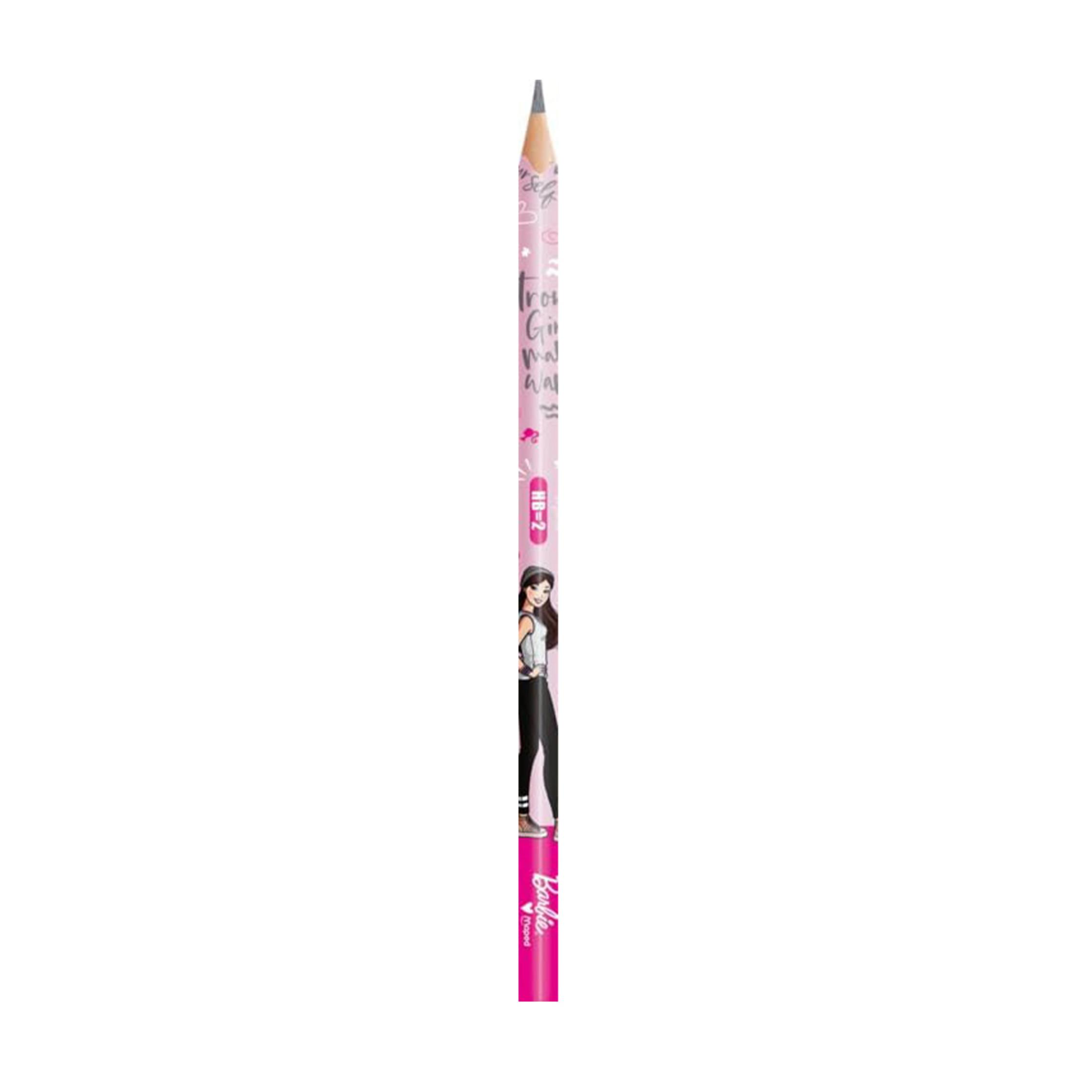 Una matita rosa con disegno Barbie e dettagli argentati, come testo e cuori.