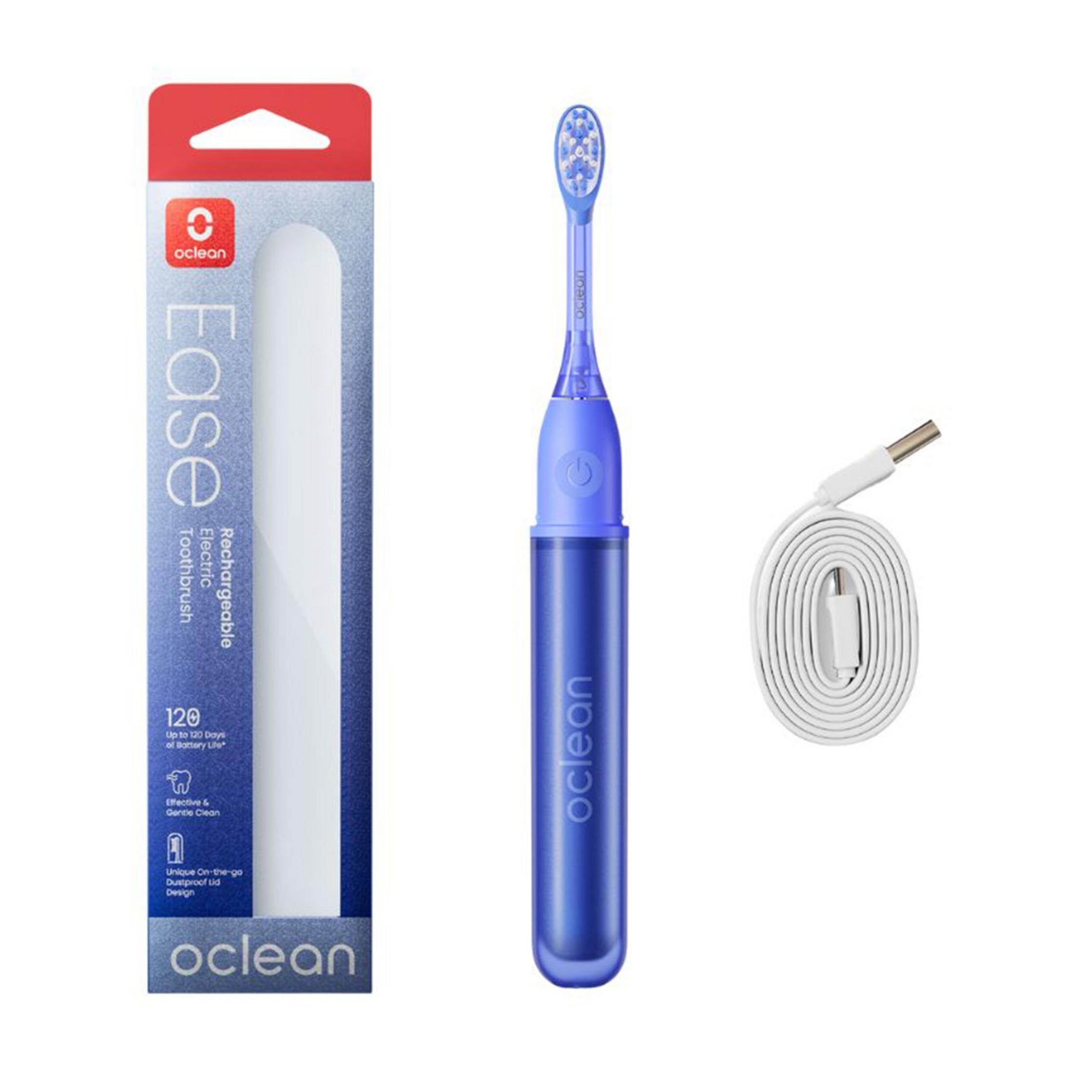 Un set di spazzolino elettrico blu Oclean con confezione e cavo.
