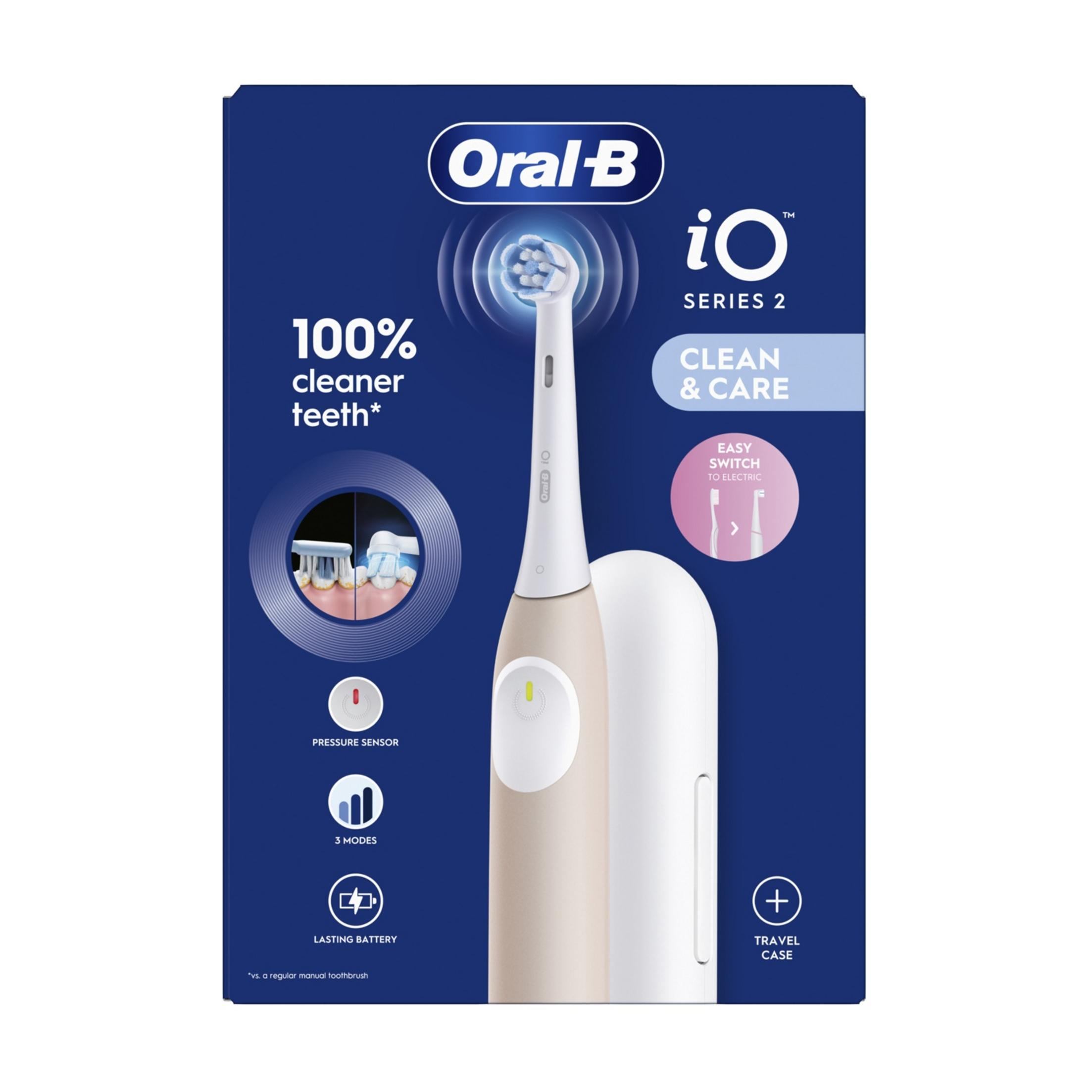 Cepillo eléctrico Oral-B iO Serie 2 en beige con estuche de viaje.
