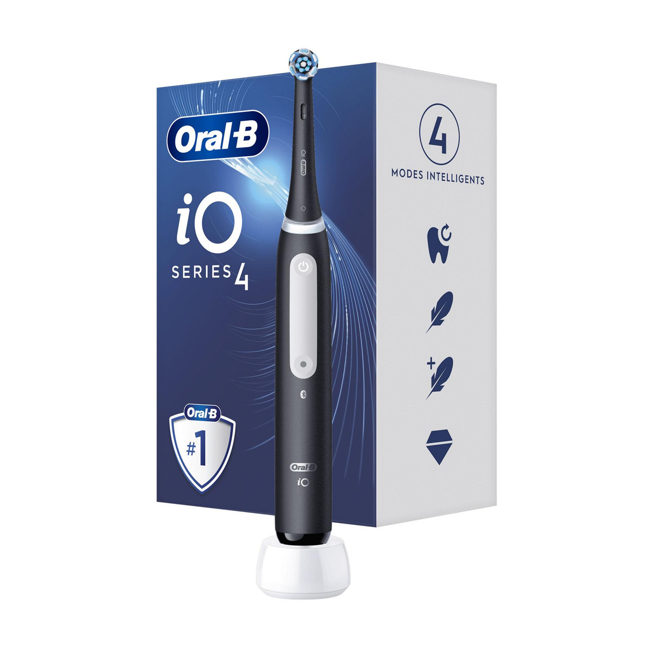 Spazzolino elettrico nero Oral-B iO Series 4 con base di ricarica e confezione.