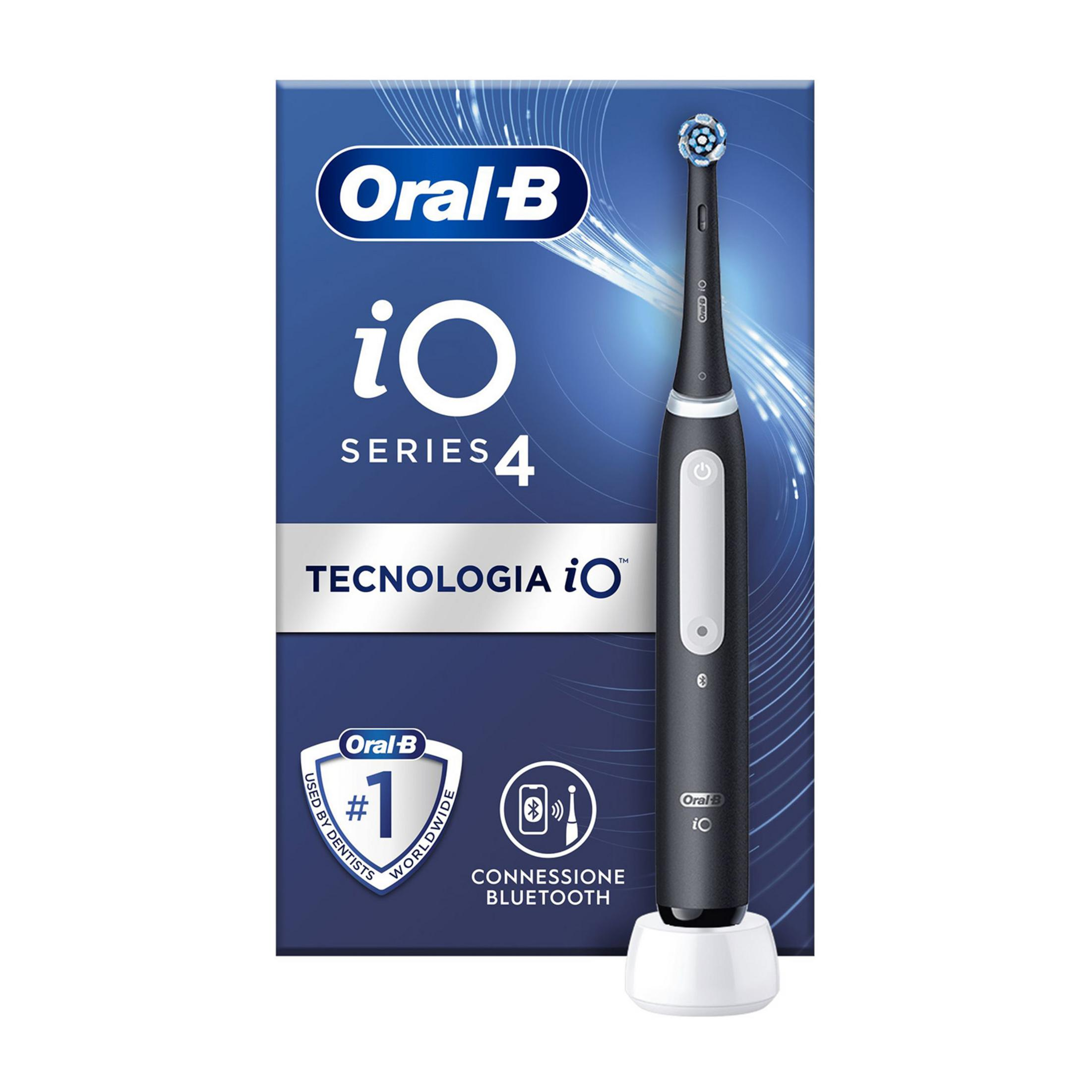 Spazzolino nero Oral-B iO Series 4 con sfondo blu e testo.