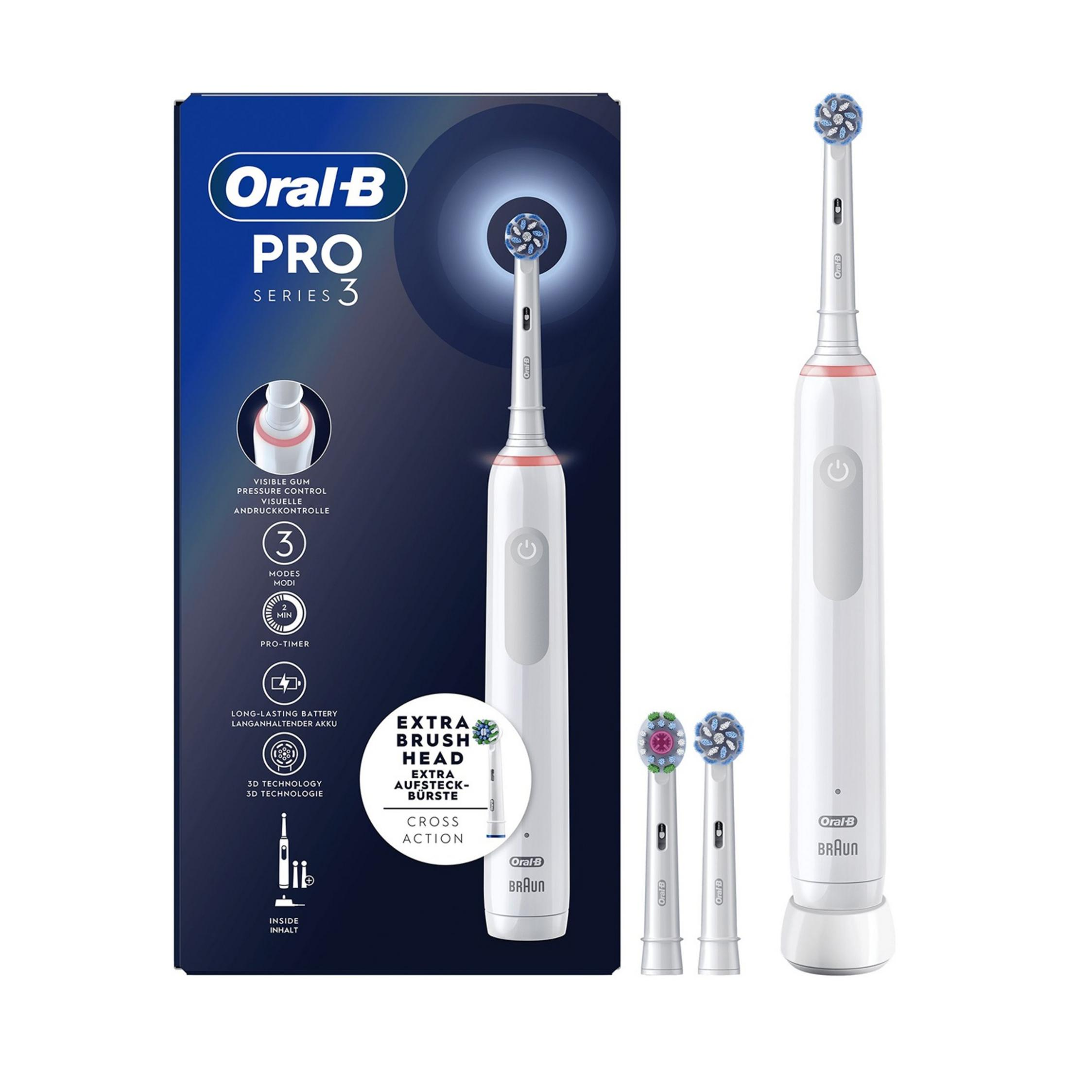 Elektryczna szczoteczka do zębów Oral-B Pro Series 3 z końcówkami i ładowarką.