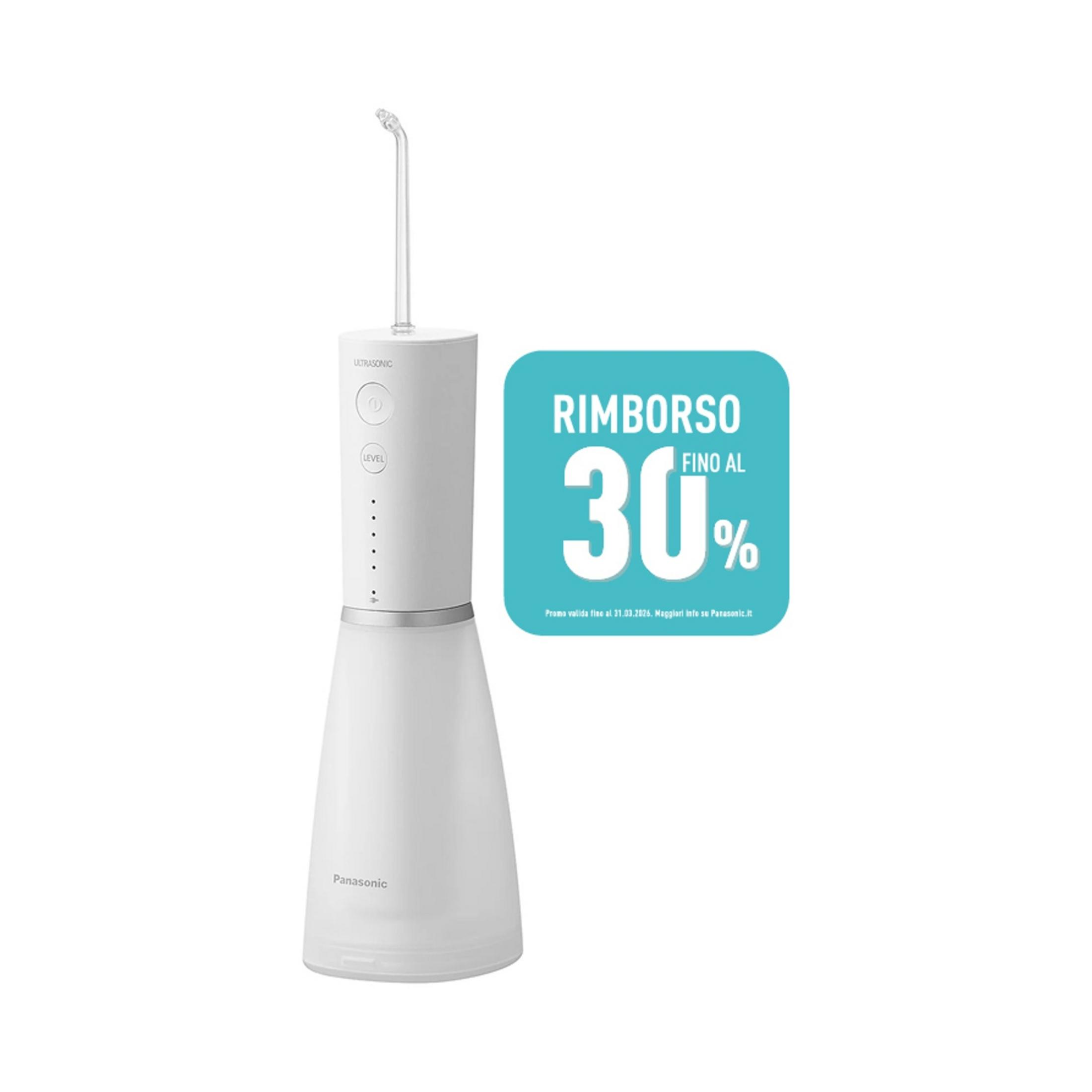 Biała irygator do zębów Panasonic z tabliczką zwrotu 30%.