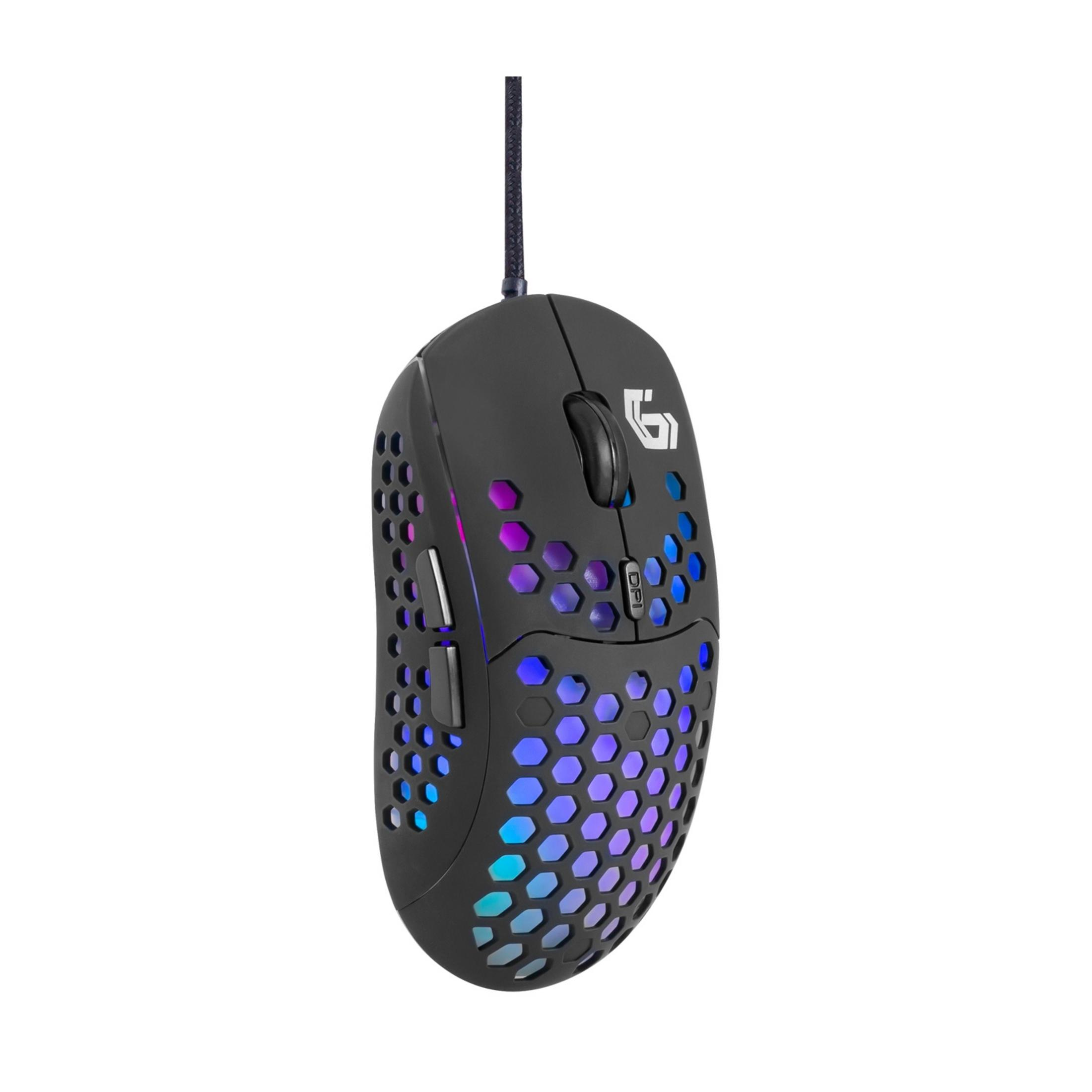 Black gaming mouse with honeycomb design and RGB lighting.