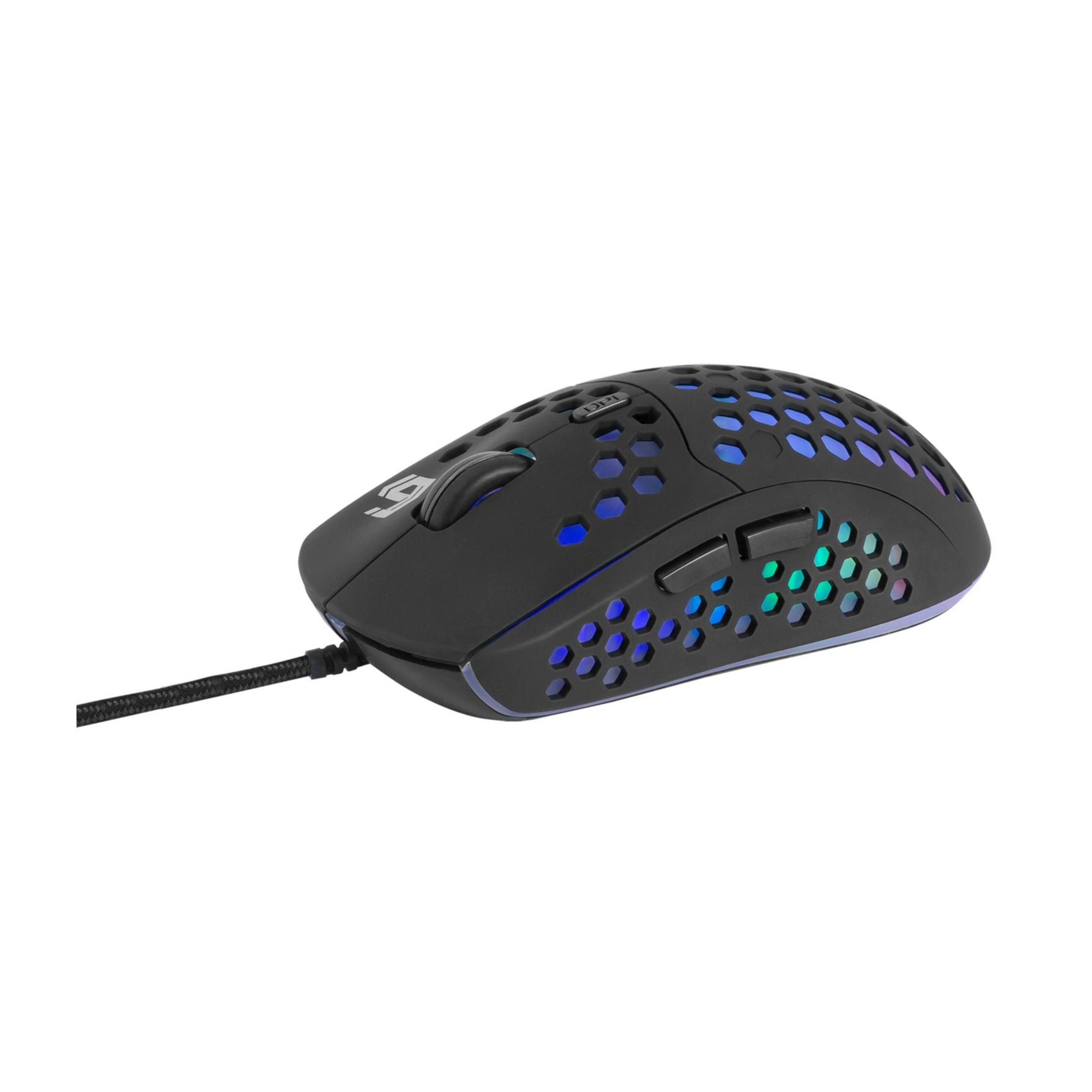 Black gaming mouse with honeycomb design and RGB lighting.