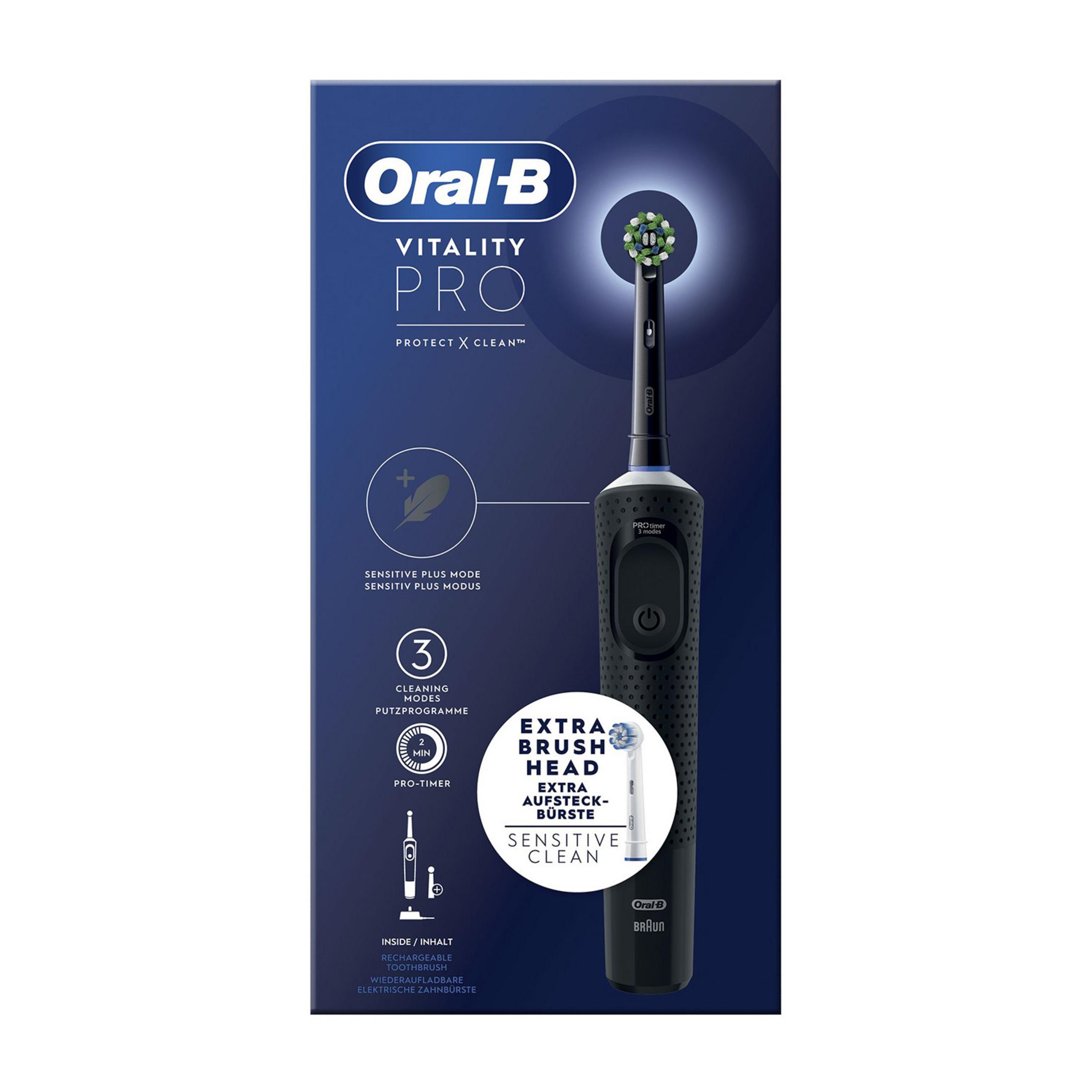 Szczoteczka elektryczna Oral-B Vitality Pro z główką i ładowarką.