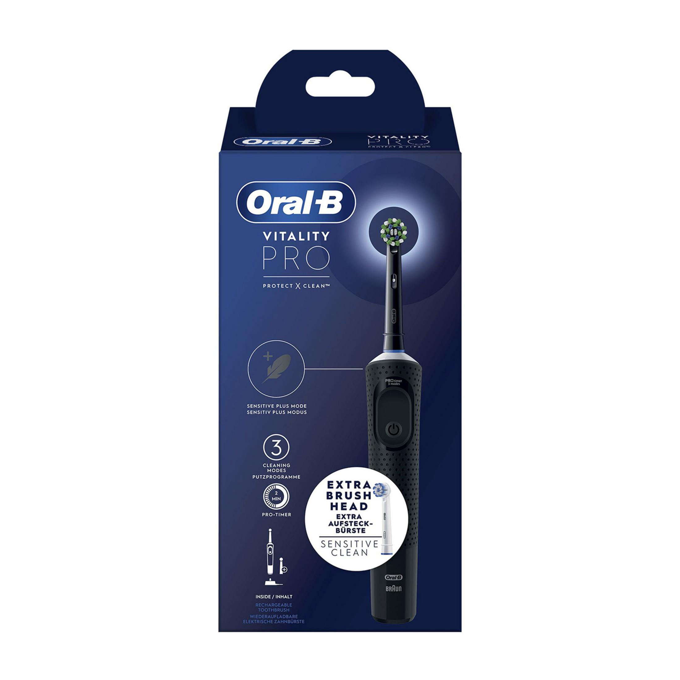 Szczoteczka elektryczna Oral-B Vitality Pro z końcówką Sensitive Clean w pudełku.