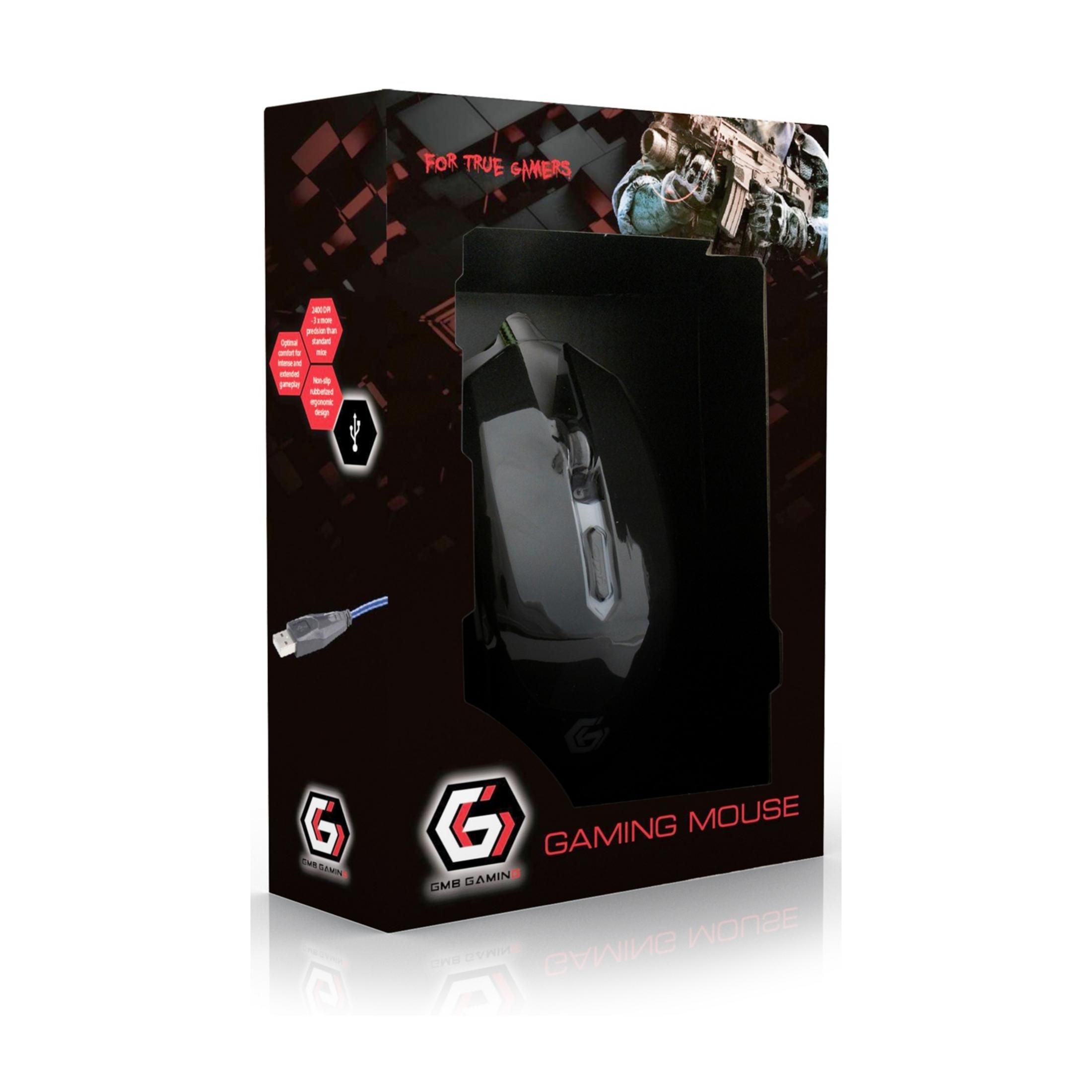 Packaging of a black gaming mouse with USB cable and gamer motif.