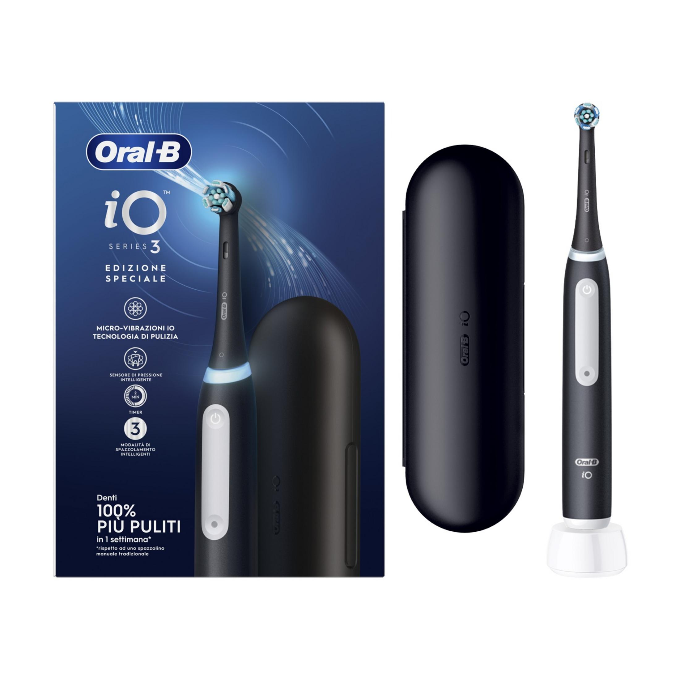 Brosse à dents électrique Oral-B iO Série 3 noire avec socle de chargement et étui.