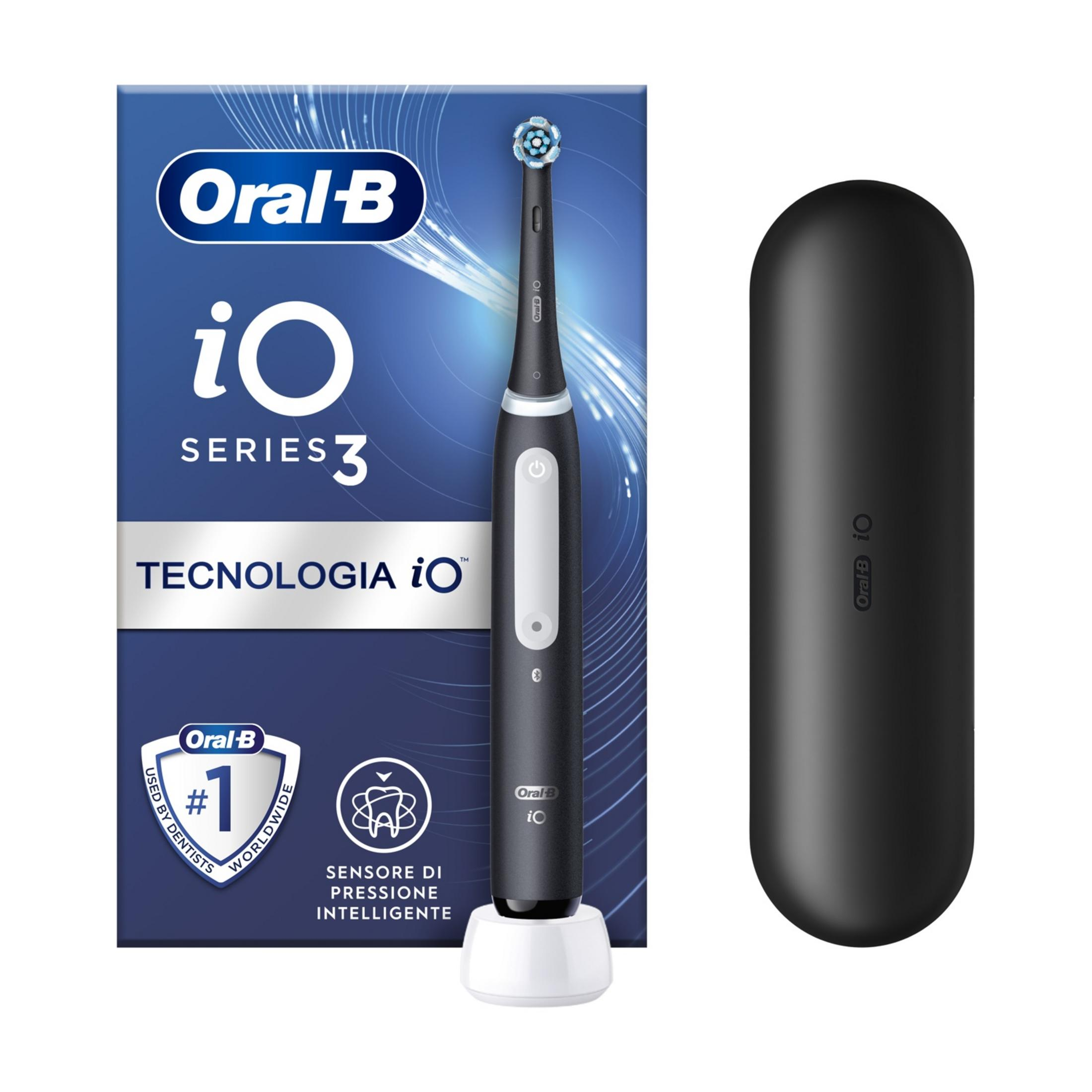 Brosse à dents noire Oral-B iO Série 3 avec étui de voyage de chargement et emballage.