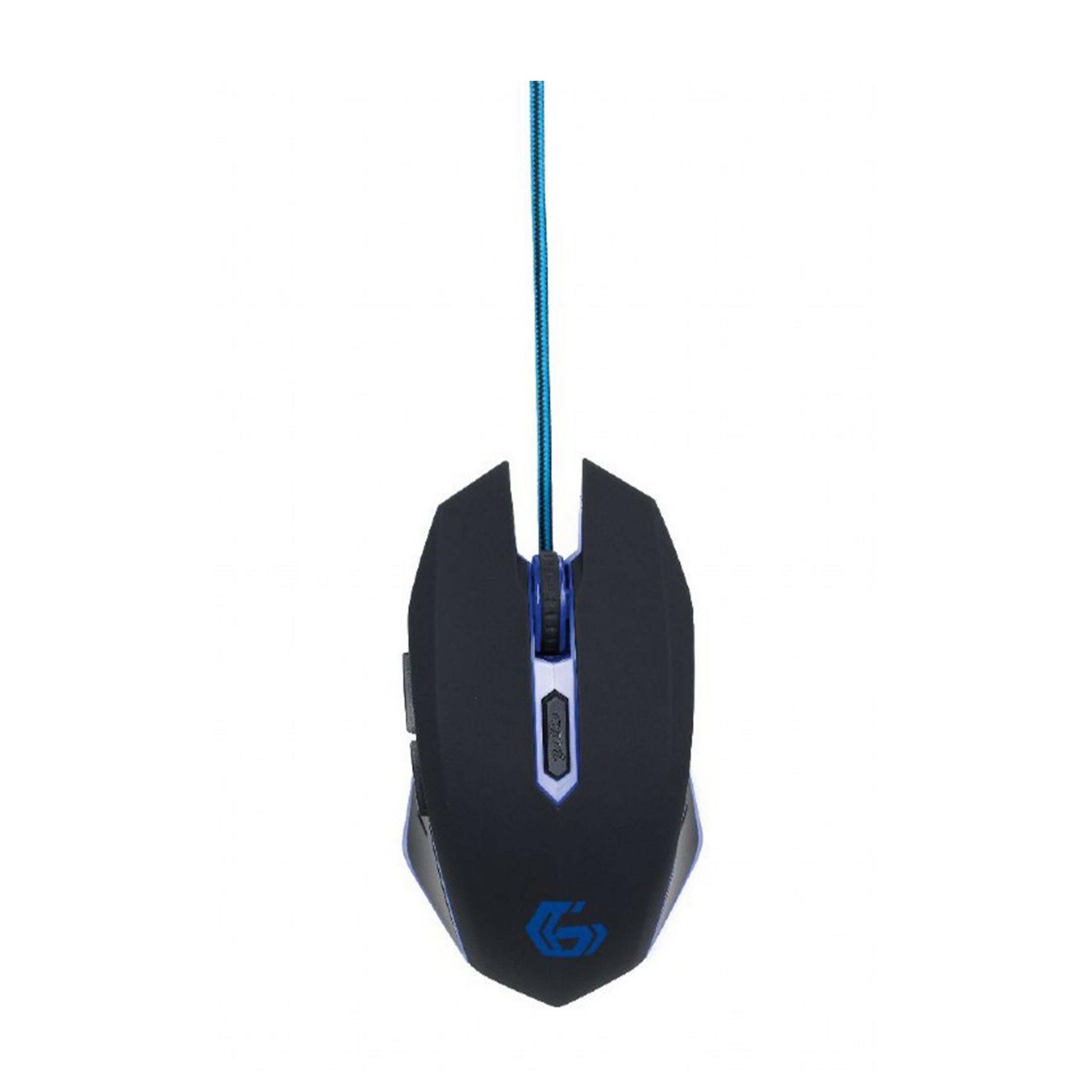 Black gaming mouse with a blue cable and illuminated accents.