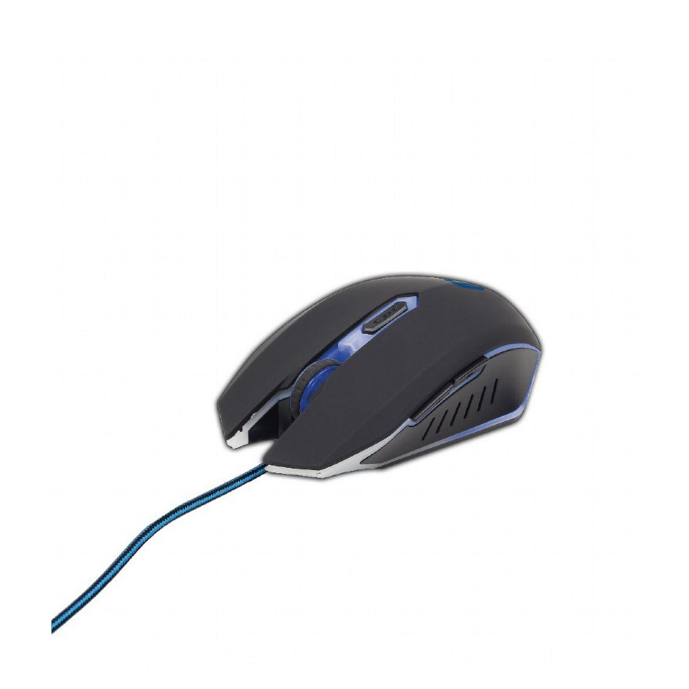 Black gaming mouse with blue accents and a blue and black cable.