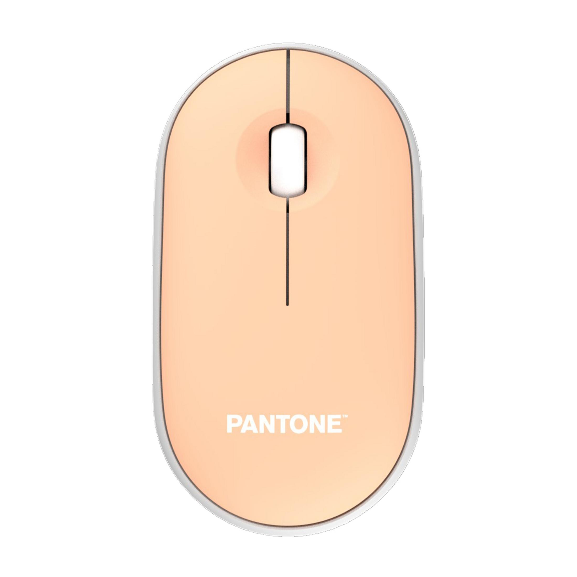 Un mouse per computer color pesca con rotellina bianca e finiture argentate.
