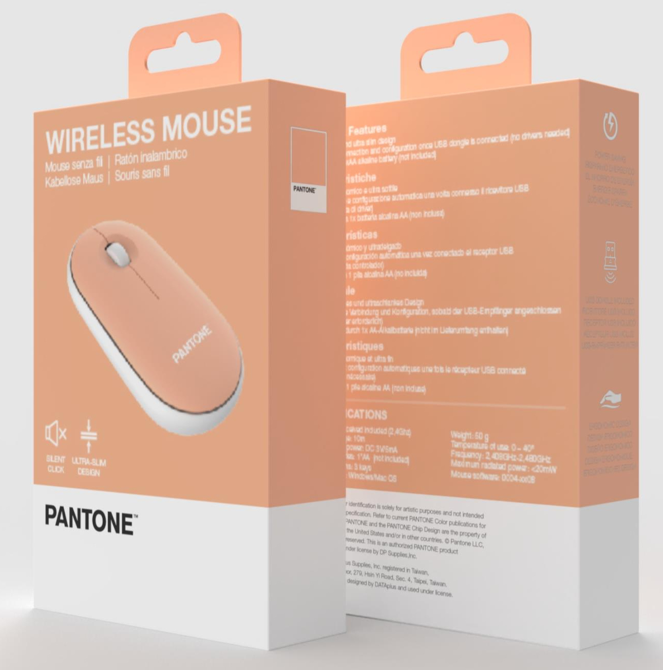Confezione di mouse wireless sottile color corallo con logo PANTONE.