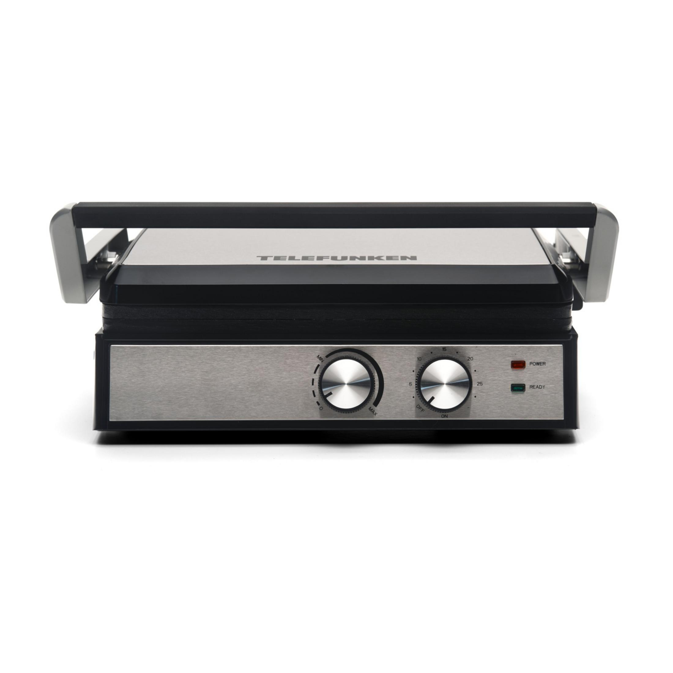 Zamknięty czarny i srebrny grill kontaktowy z dwoma pokrętłami i lampkami kontrolnymi.