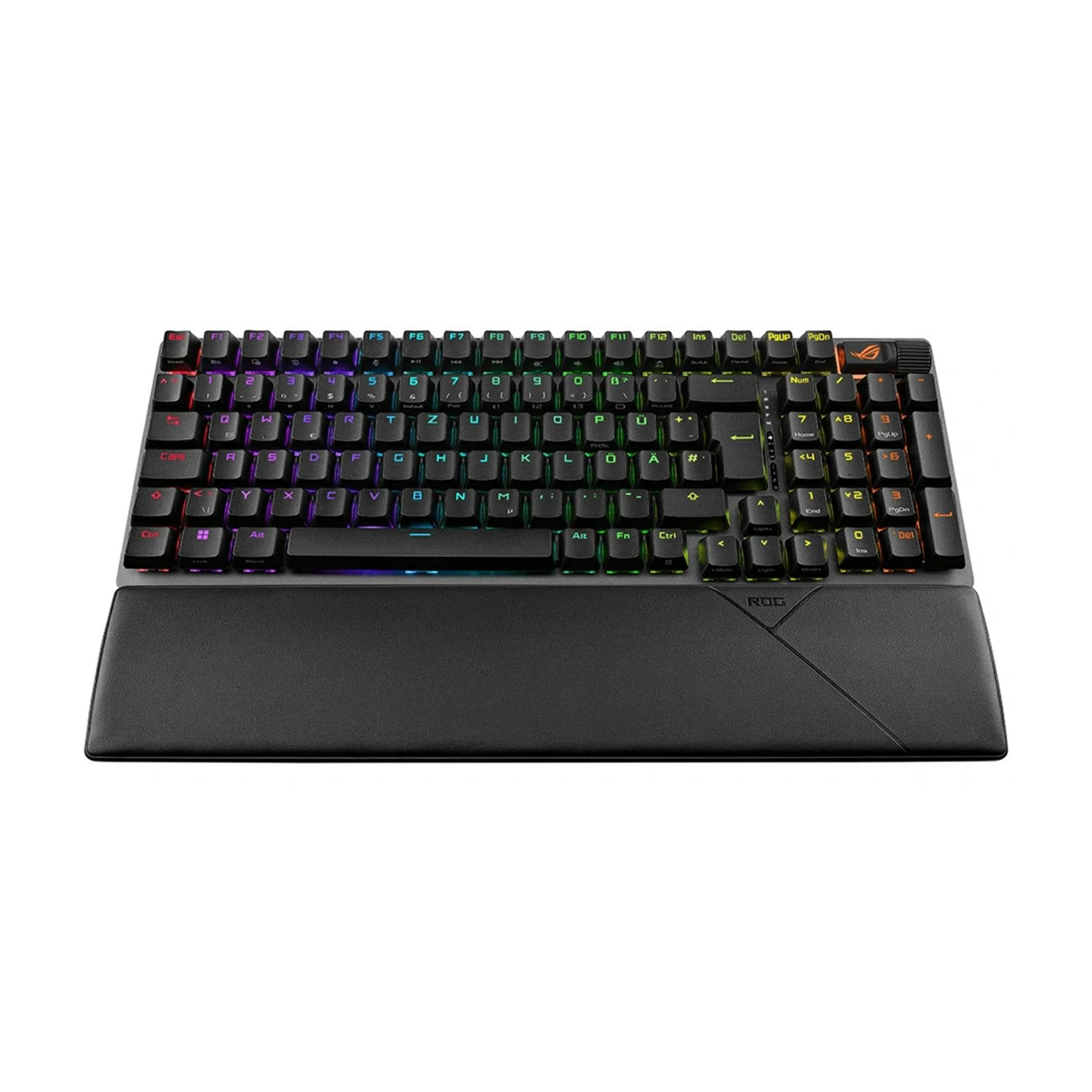 Teclado gaming negro con iluminación RGB y reposamuñecas.