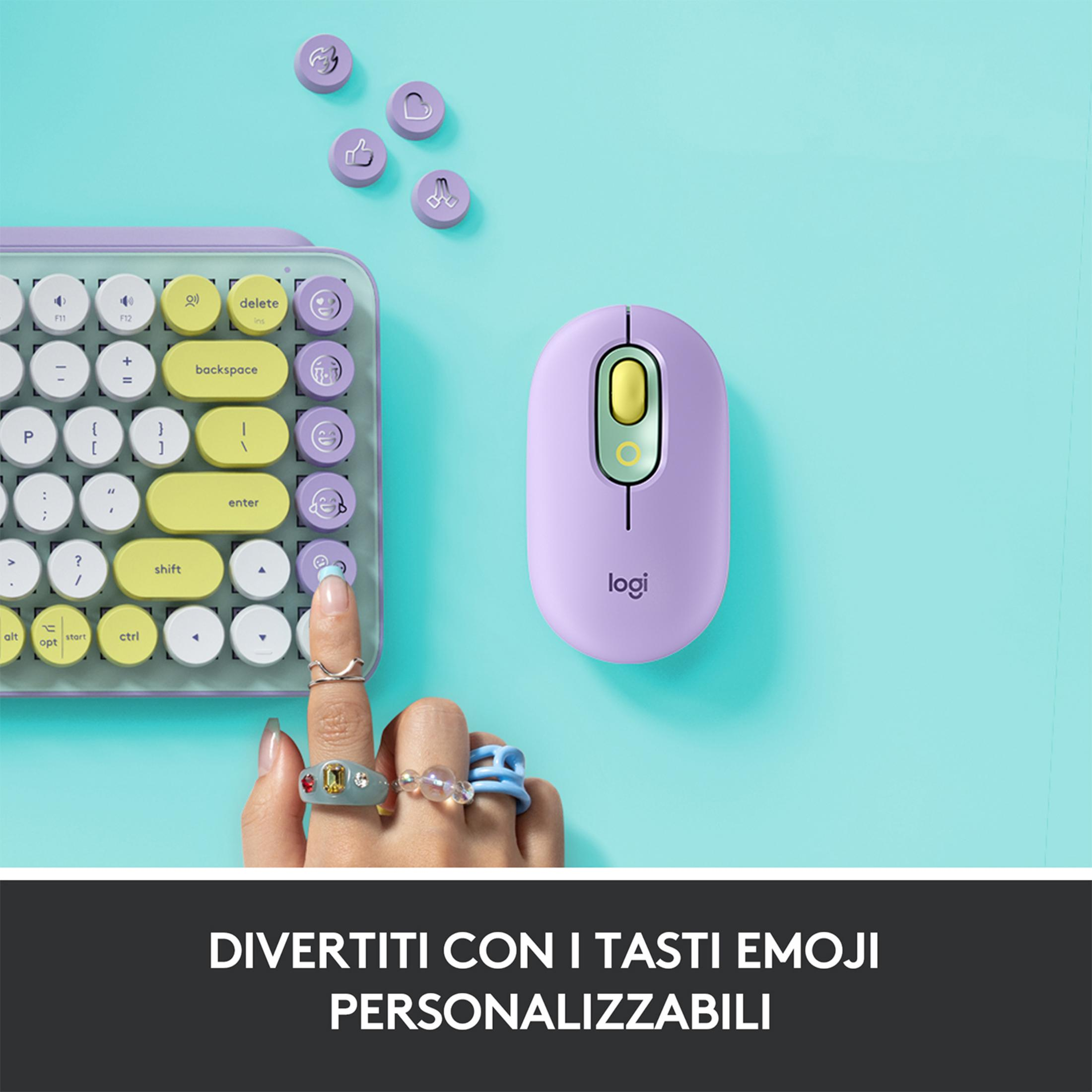 Mouse e tastiera viola con tasti rotondi su sfondo turchese.