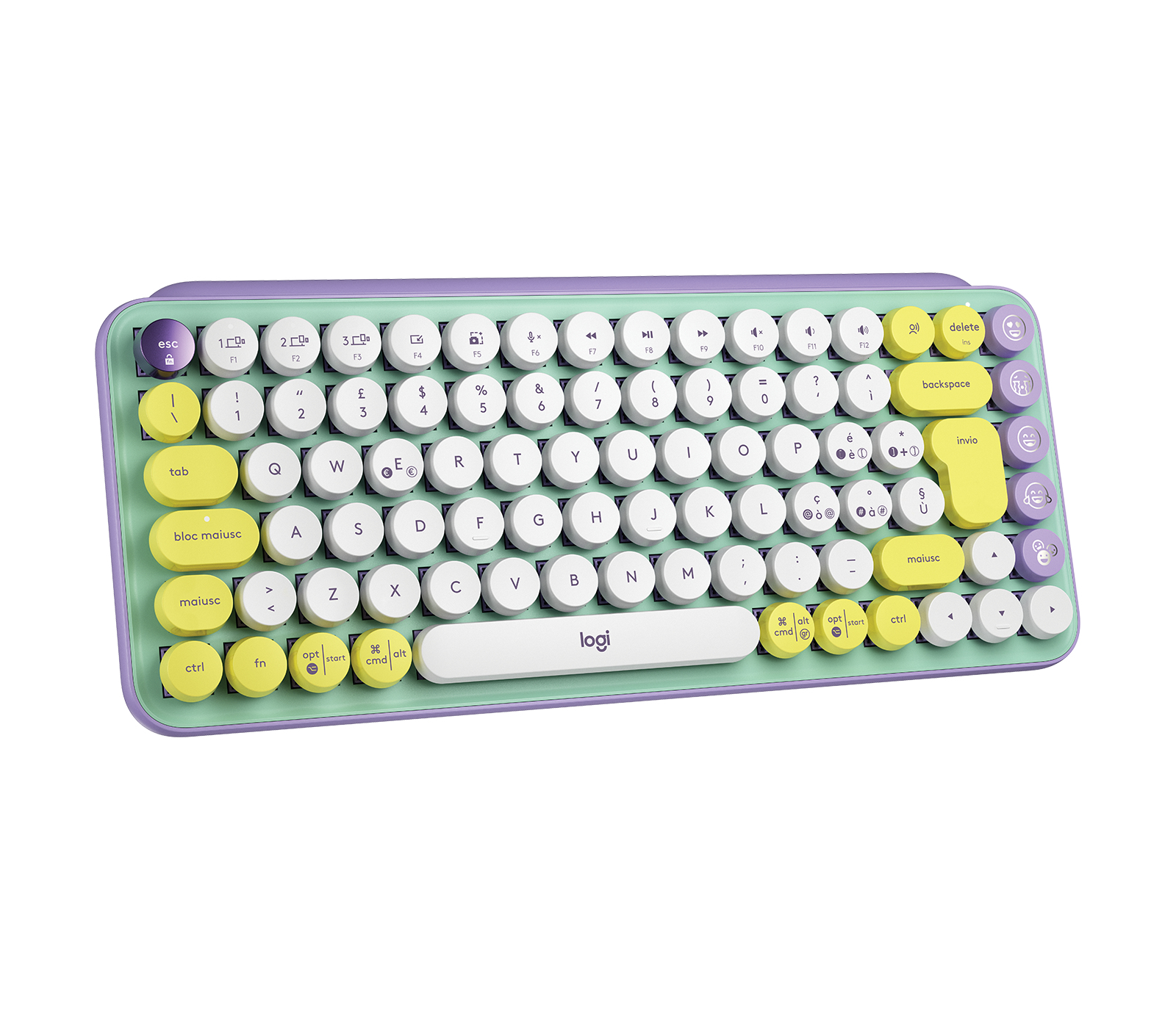 Una tastiera rotonda e colorata con cornice viola e base verde chiaro.