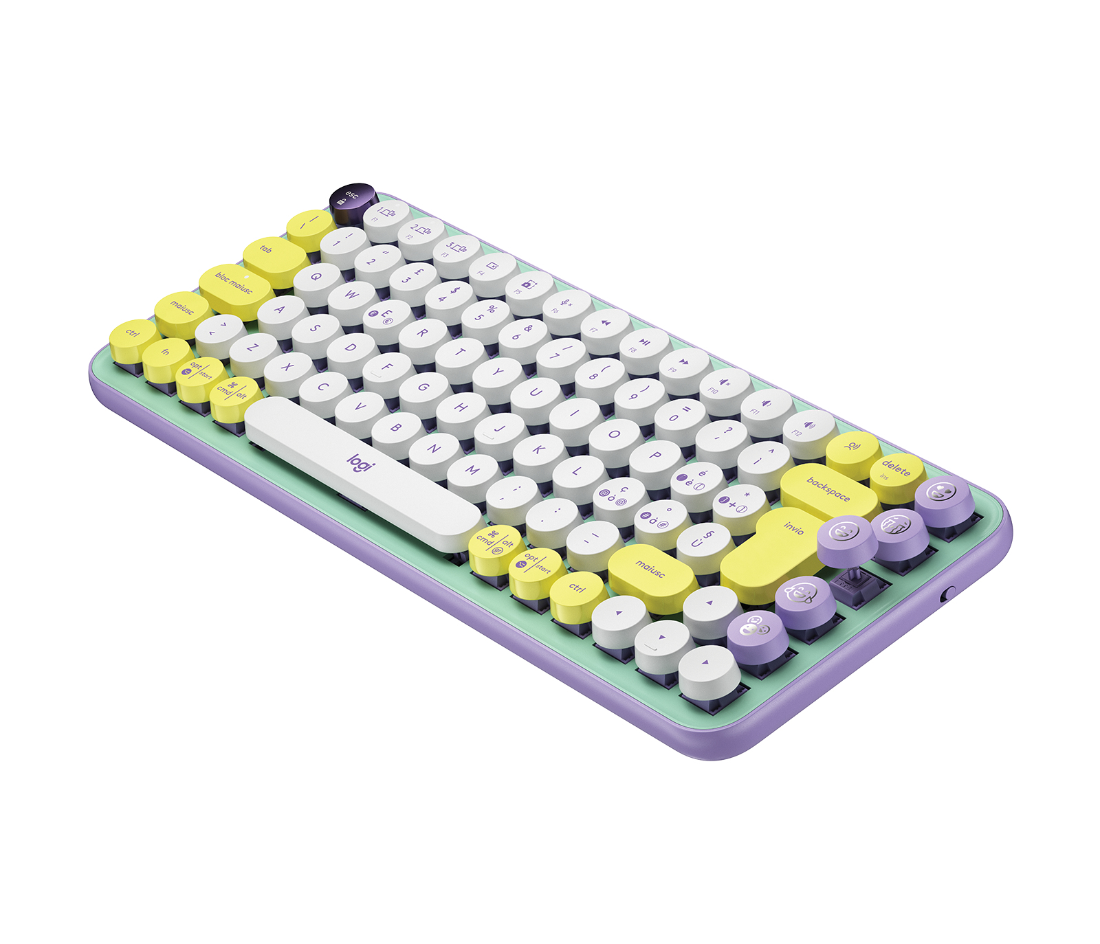 Una tastiera Logitech viola pastello e verde menta con tasti rotondi, bianchi, gialli e viola.