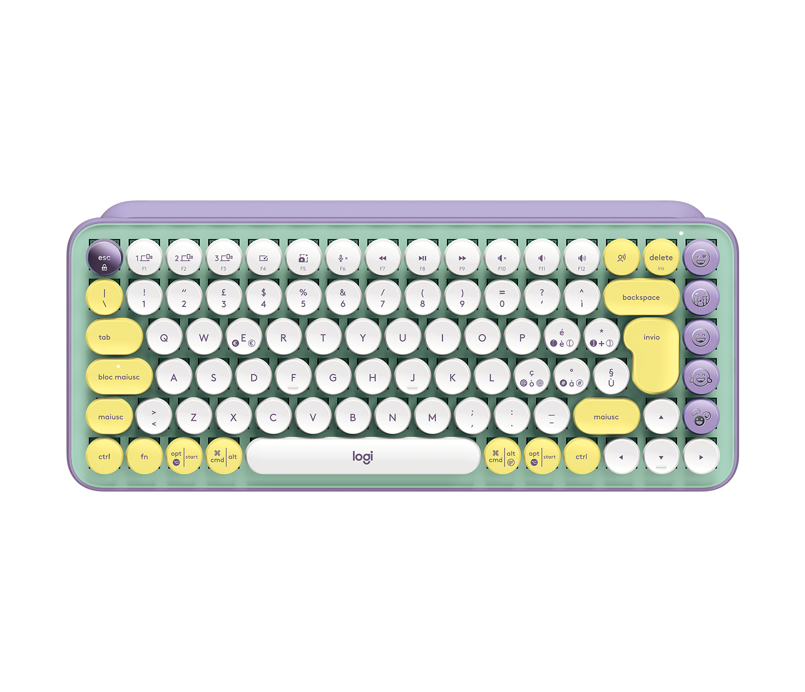 Tastiera Logitech viola pastello e verde menta con tasti rotondi.