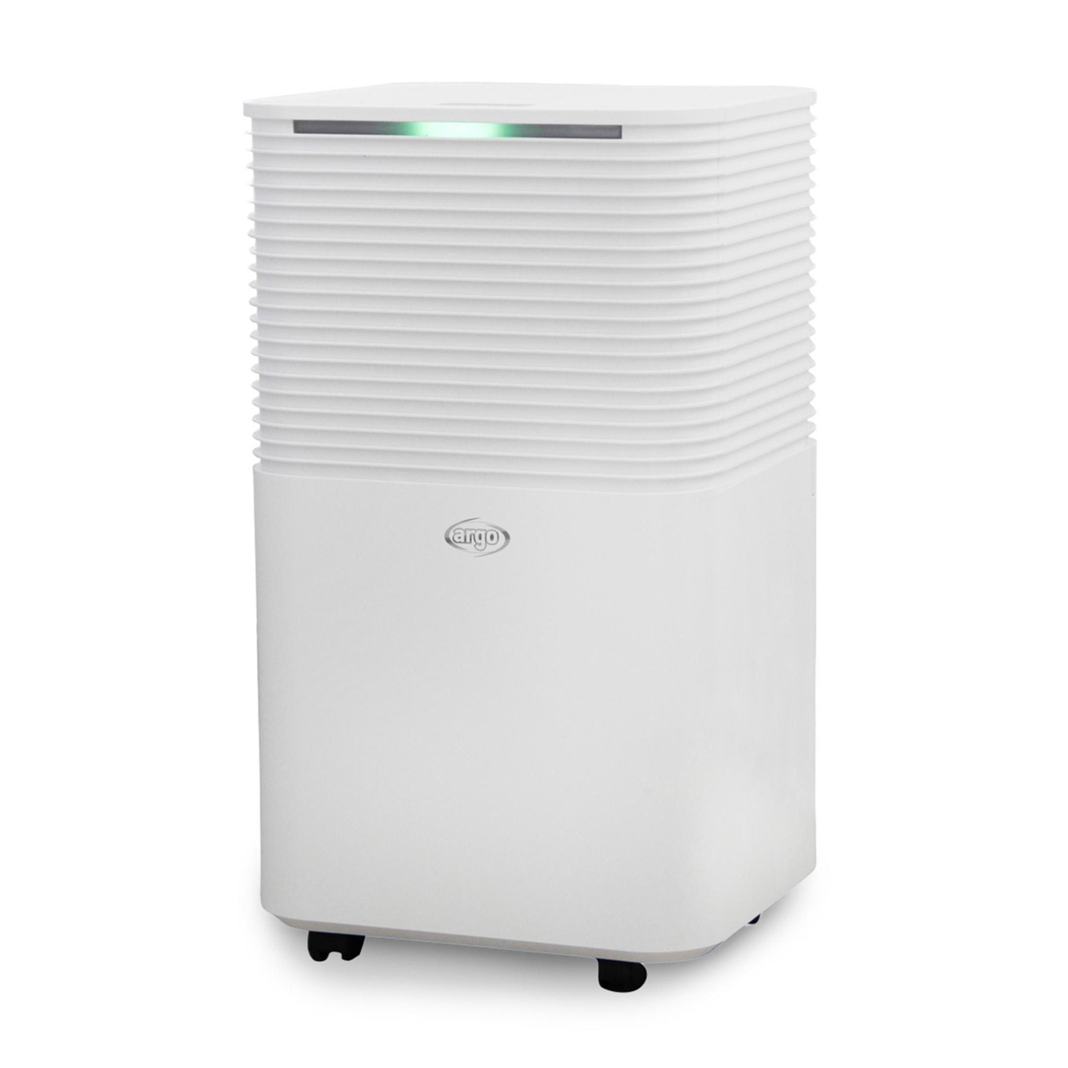 Un purificador de aire blanco con cuerpo acanalado y luz LED verde.