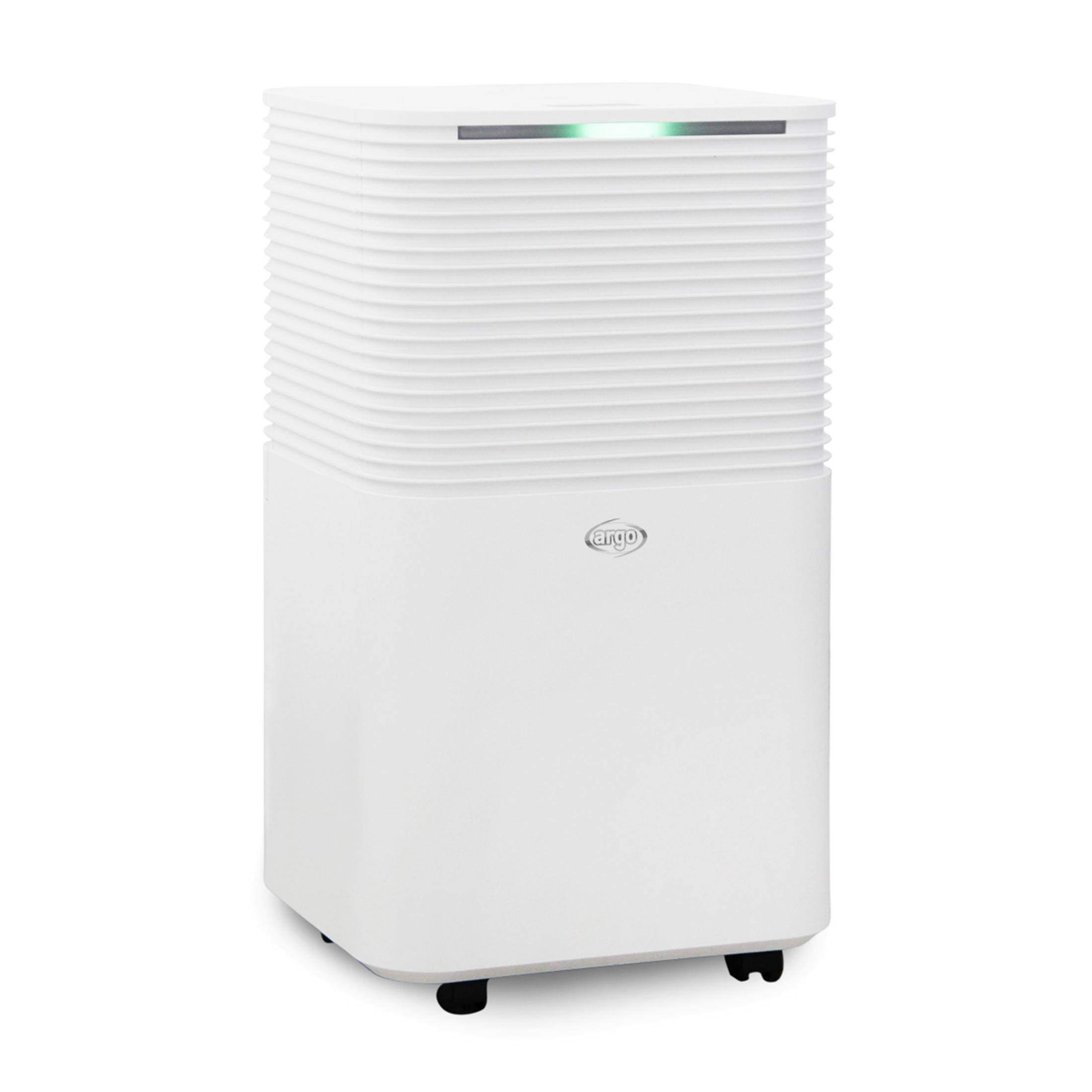 Un purificador de aire blanco con superficie acanalada y tira LED verde.