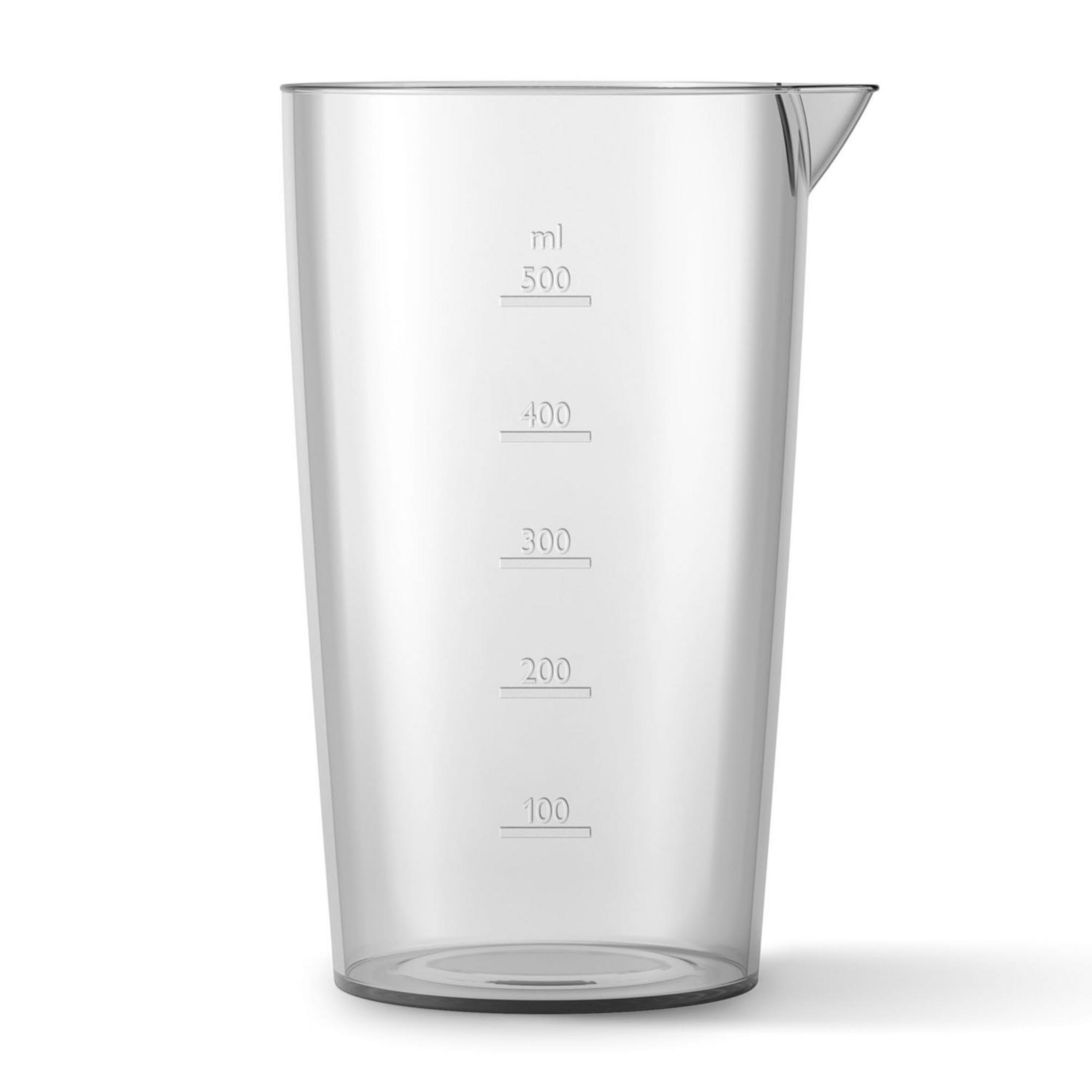 Przezroczysty kubek miarowy z oznaczeniami ml do 500.