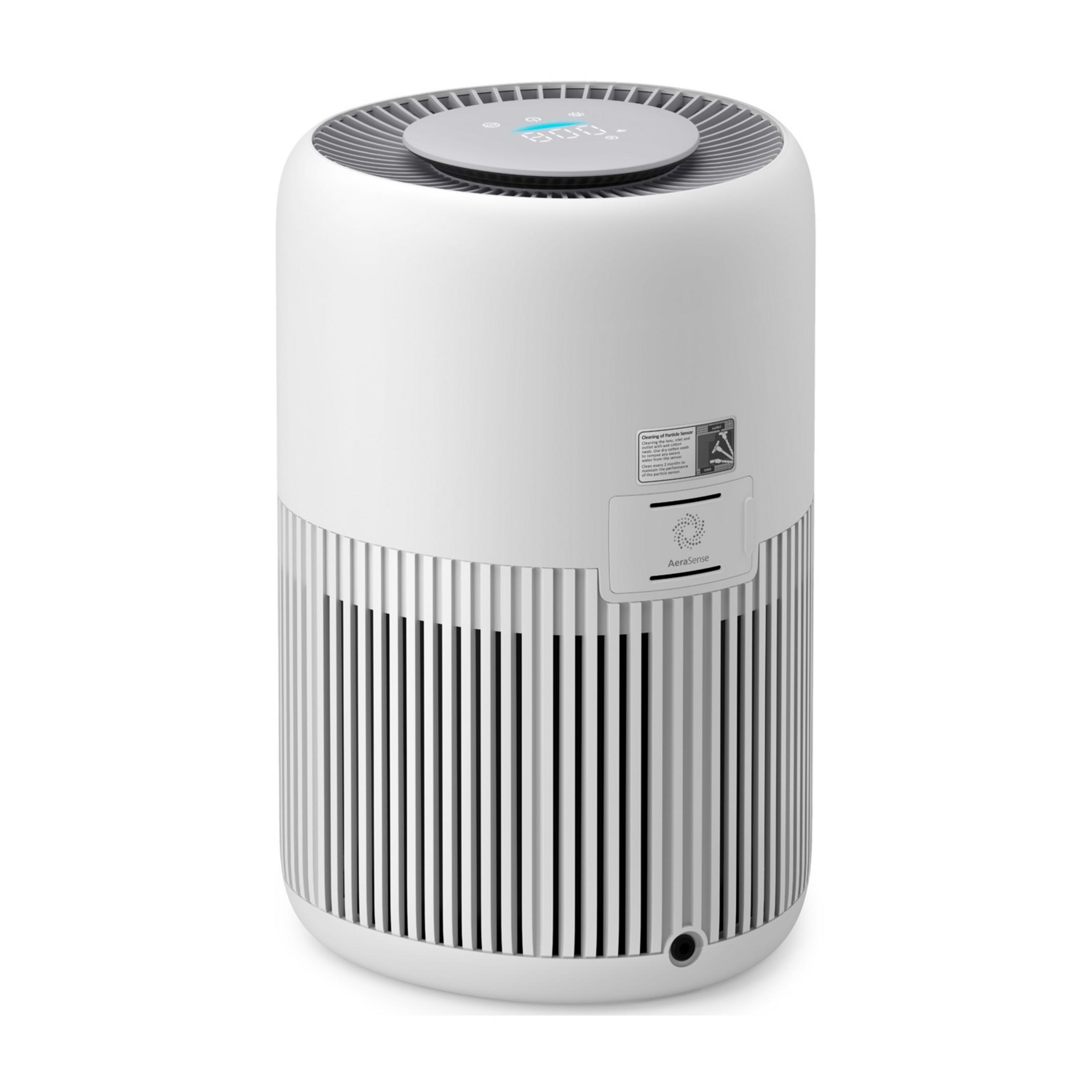 Un purificatore d'aria bianco con prese d'aria e display digitale.
