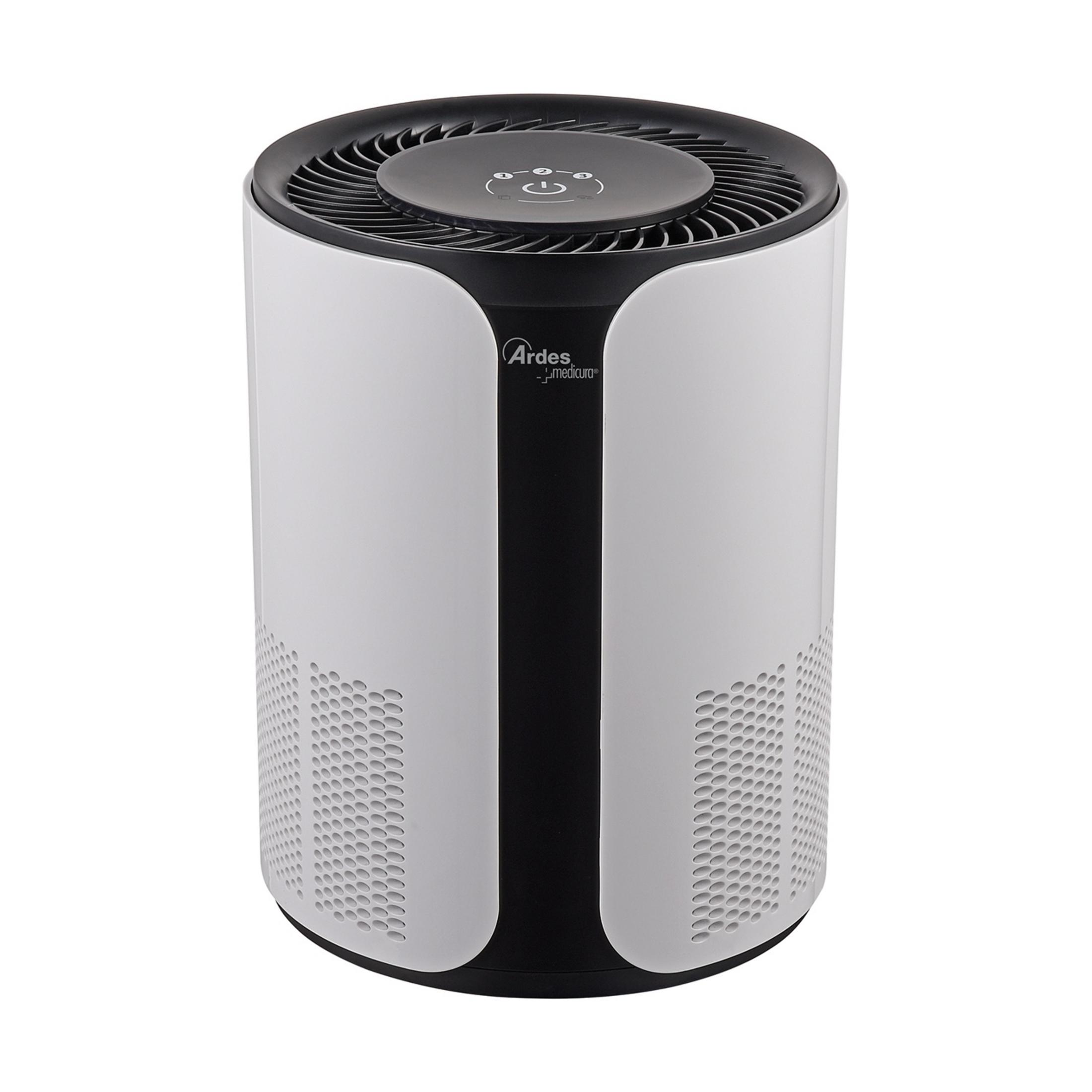 Biały oczyszczacz powietrza z czarnym wentylatorem górnym i panelem sterowania.