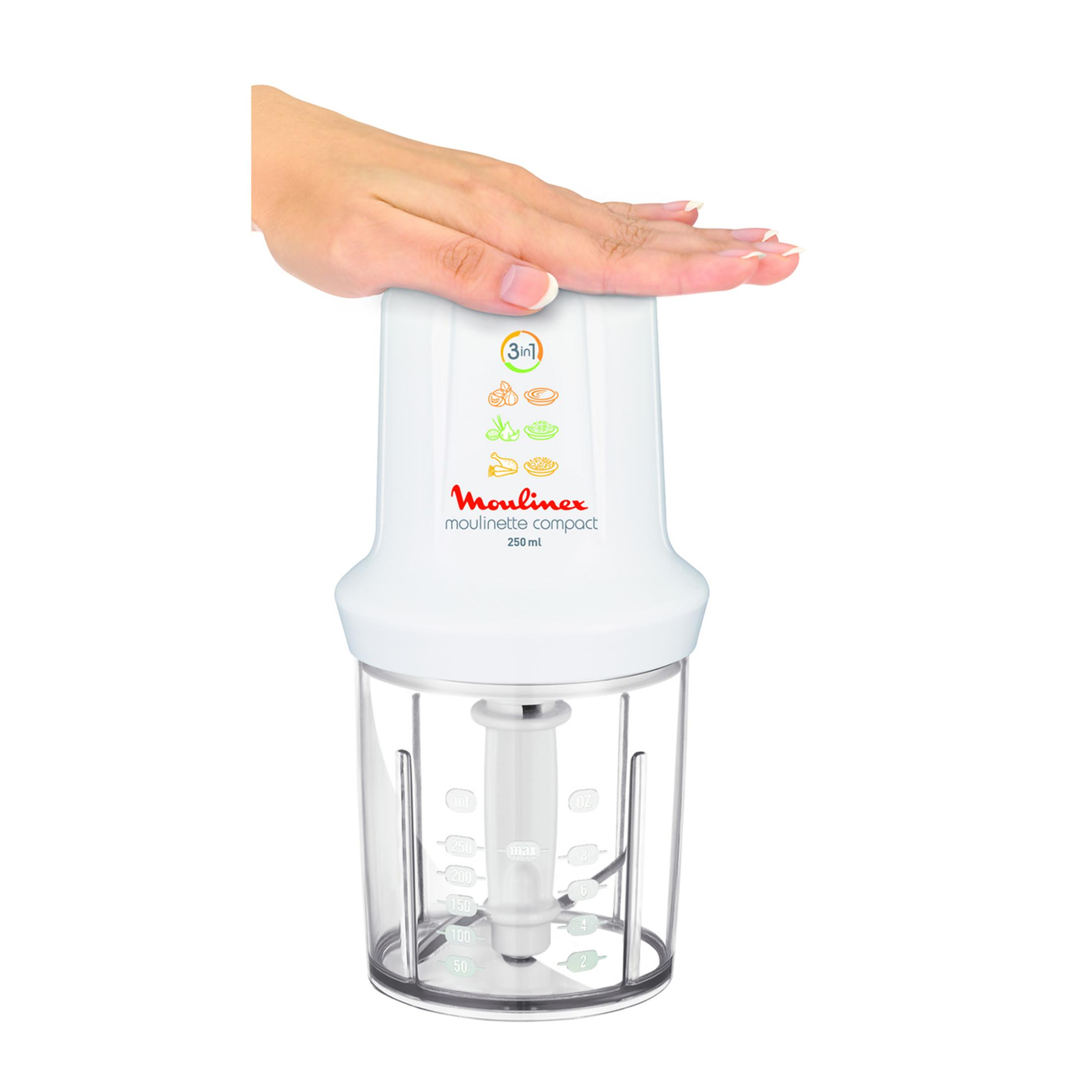 Picadora Moulinex blanca con mano, capacidad 250 ml.