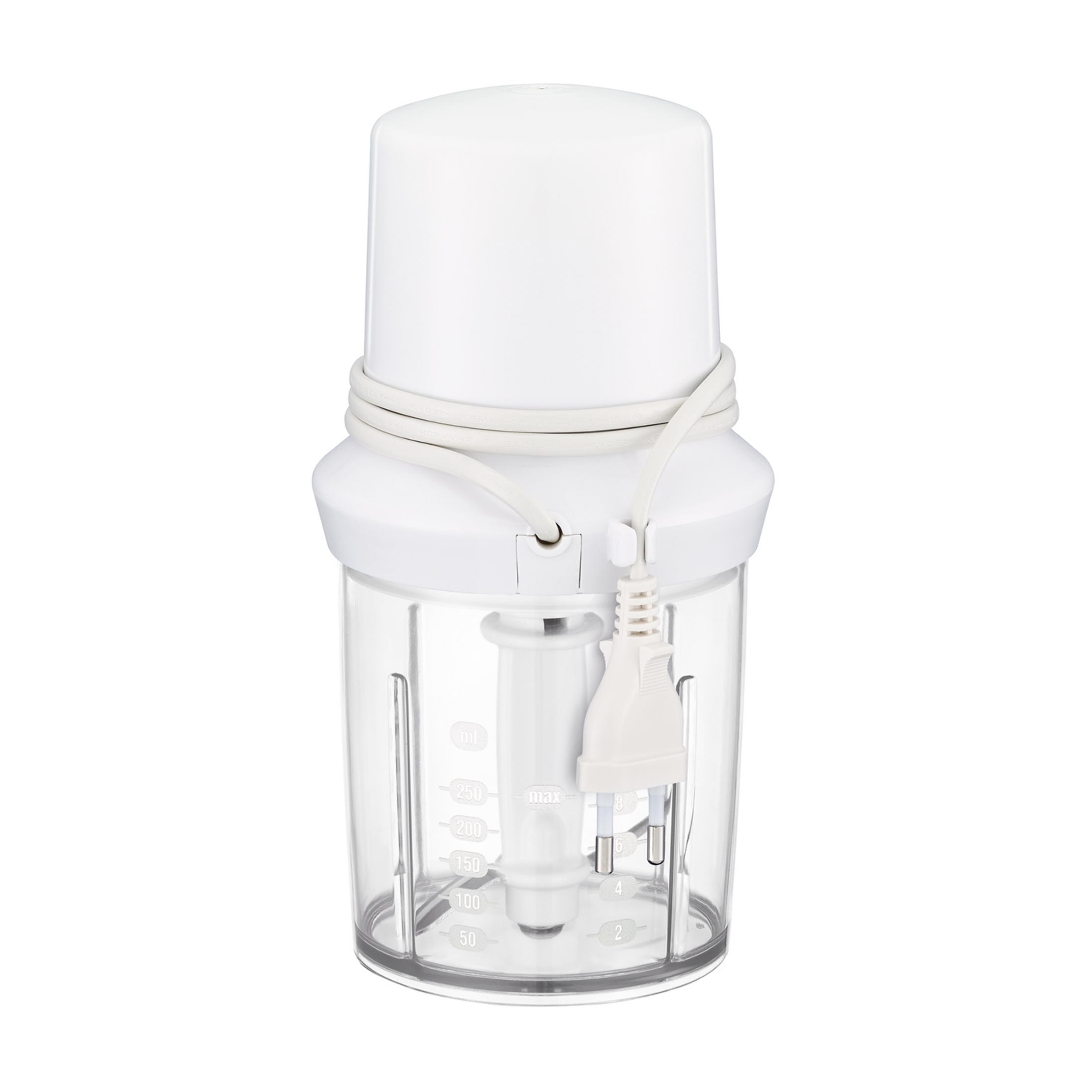Un picador eléctrico blanco con recipiente transparente y marcas de medida.