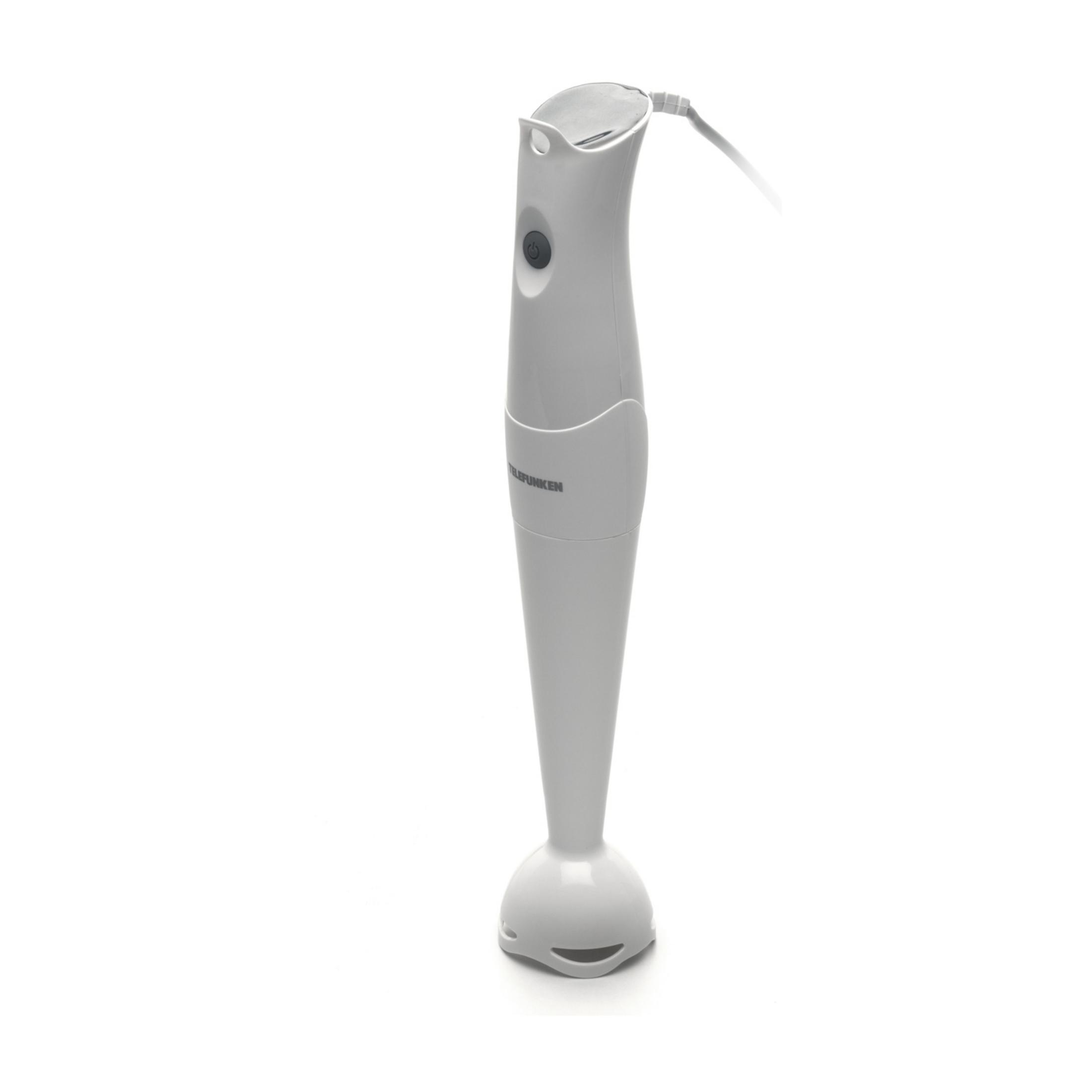 Een witte staafmixer met snoer en knop.