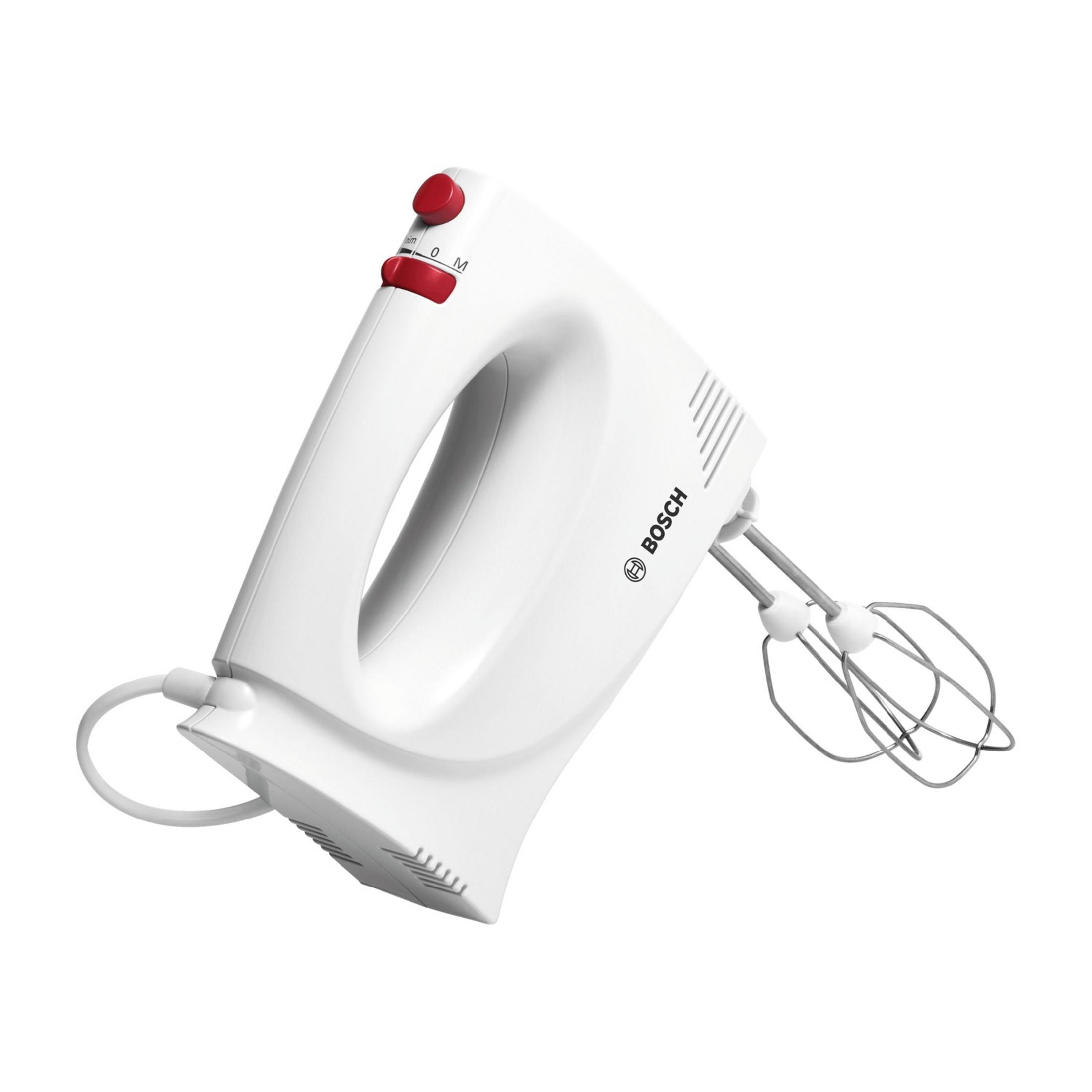 Batidora de mano Bosch blanca con controles rojos y varillas metálicas.
