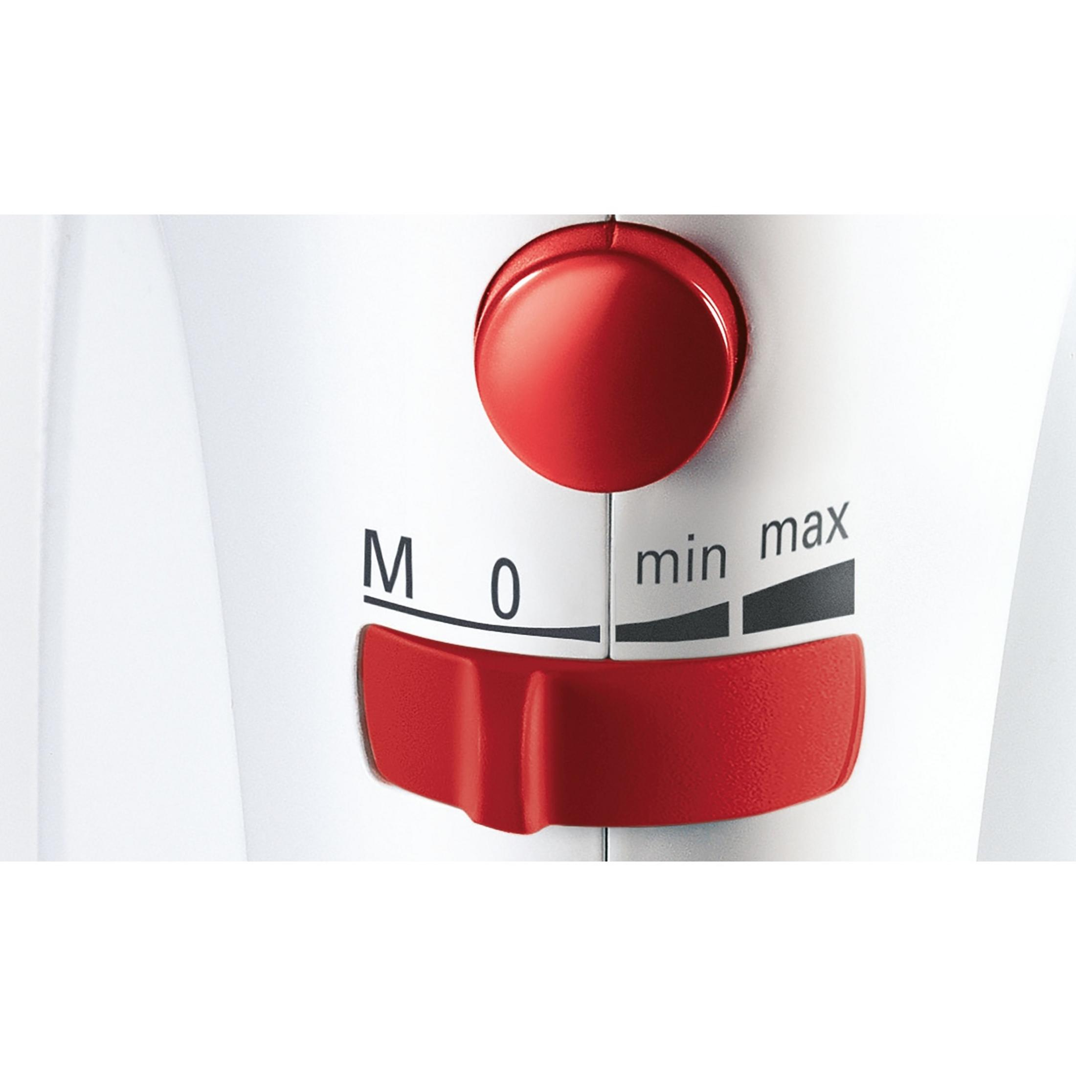 Un interruptor rojo con marcas M, 0, min y max en carcasa blanca.